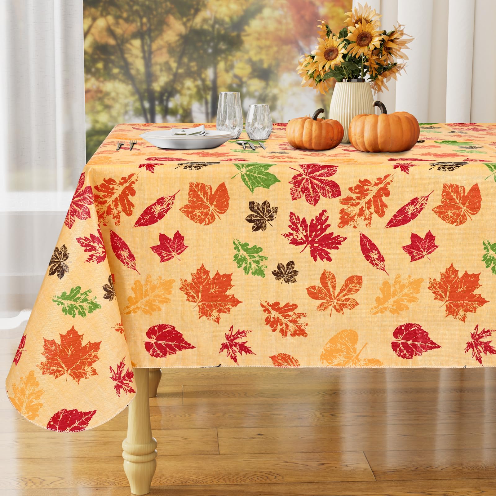 misaya Rectangle Waterproof Vinyl Table Cloth, Wipeable Tablecloth with Flannel Backing, Plastic Table Cover for Fall, Thanksgiving (Colored Leaves, 60" x 102")