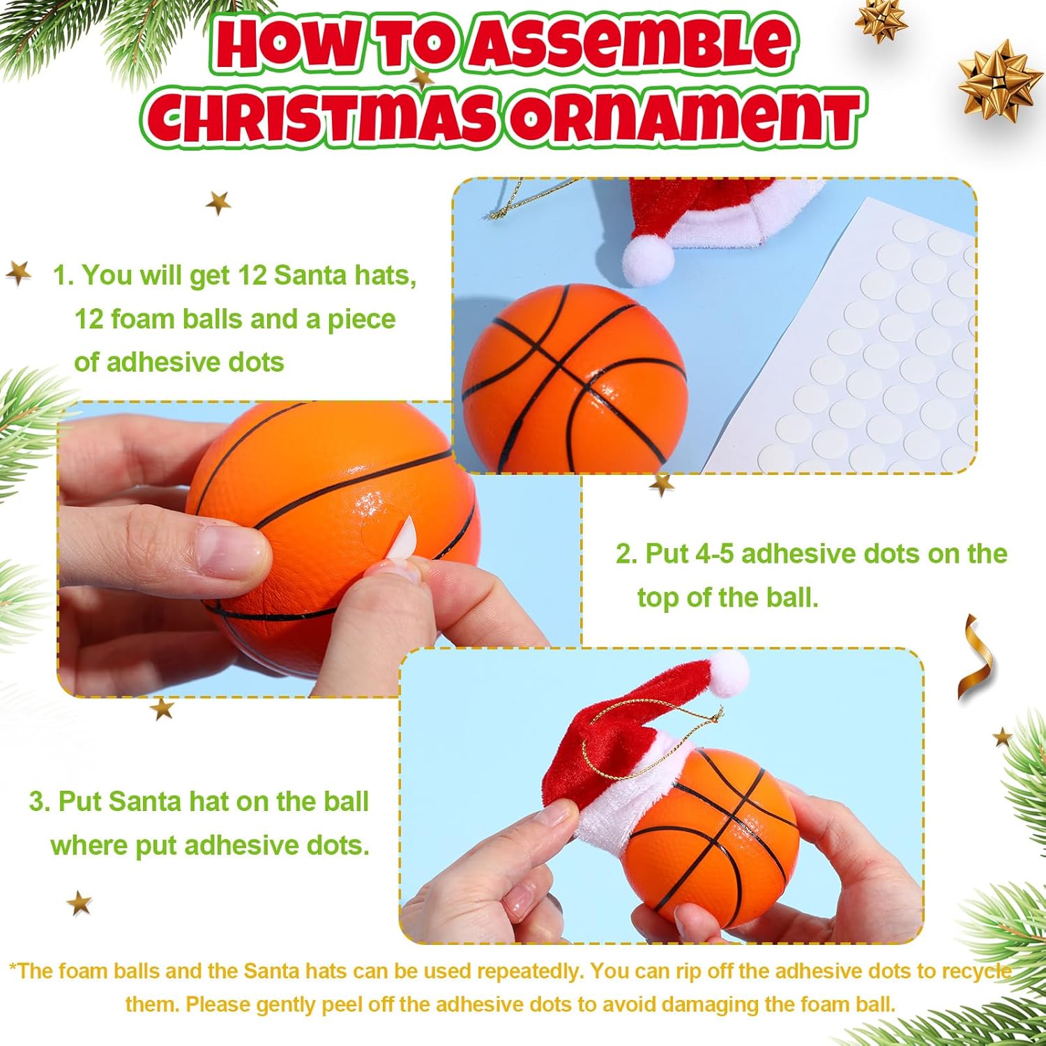 Leyndo 12 Pcs Sport Balls Christmas Ornaments Bulk Basketball Football Ornaments with Removable Santa Hat for Christmas Tree Decorations Xmas Tree Hanging for Party Gift Filler (Basketball) - Image 4