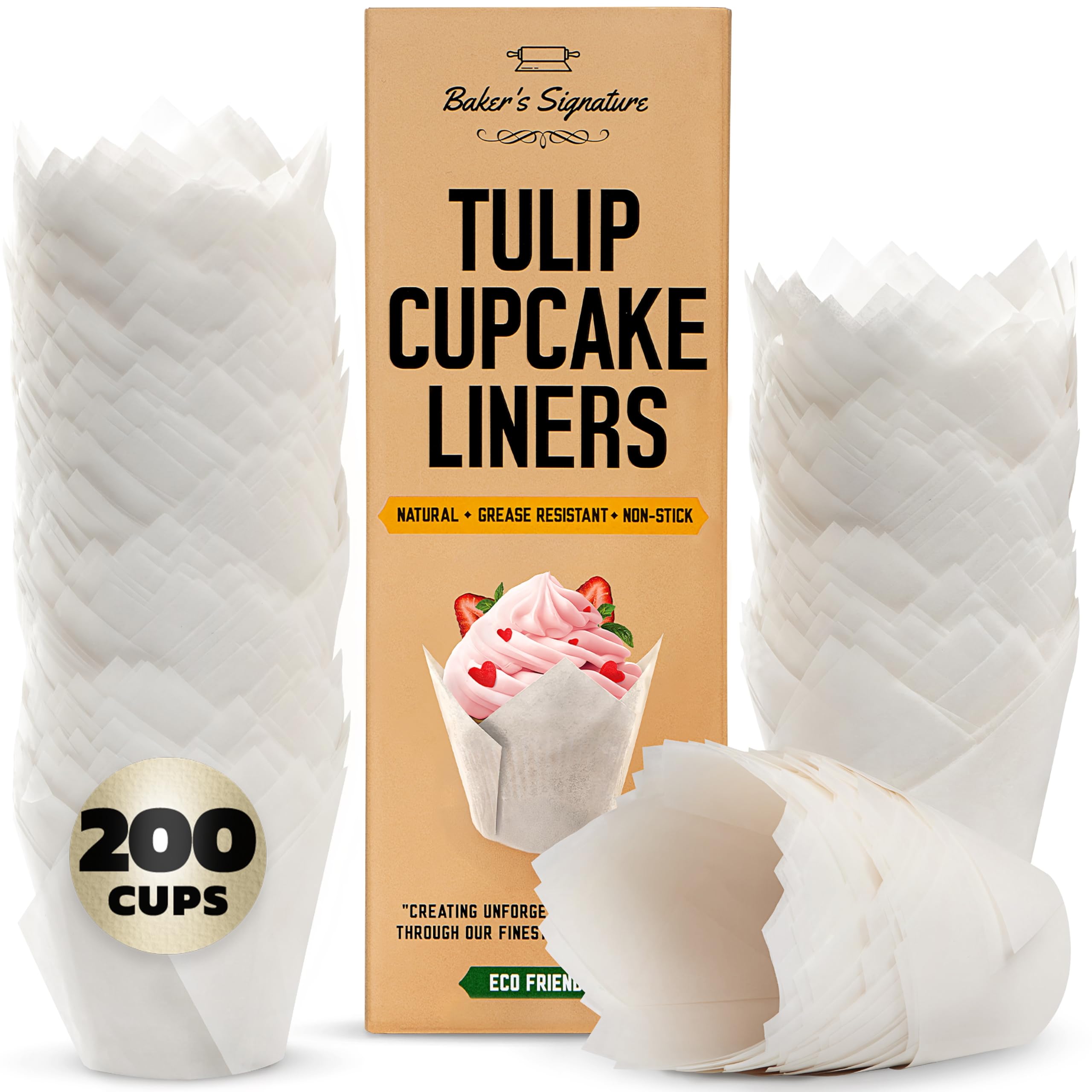 Tulip Cupcake Liners, Muffin Liners for Baking by Baker’s Signature – 200pcs of Parchment Paper Cups Cupcake Wrappers – Perfect Size, Sturdy, Greaseproof & Easy to Use – Wedding Decor – All White