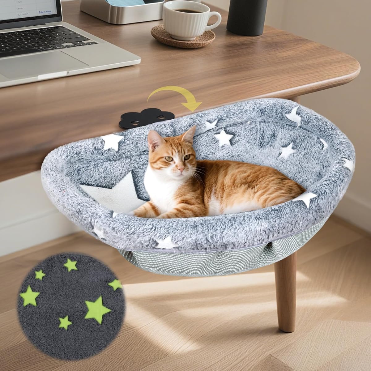 Cat Desk Bed with Clamp, Glow in The Dark Cat Desk Hammock, Desk Perch with Removable Washable Cover, Sturdy Metal Frame, Supports up to 50 Lbs