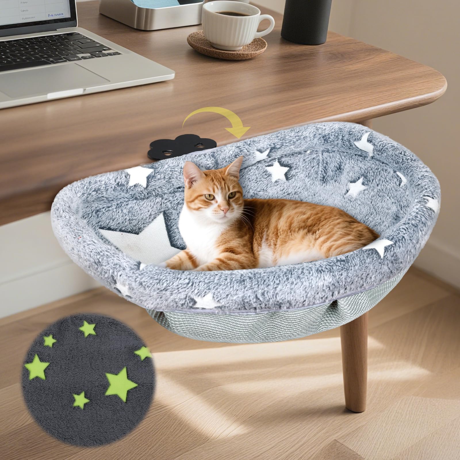 Amaca da scrivania per gatti con morsetto, design pieghevole che si illumina al buio, struttura in metallo robusta, copertura rimovibile e lavabile, supporta fino a 22,7 kg