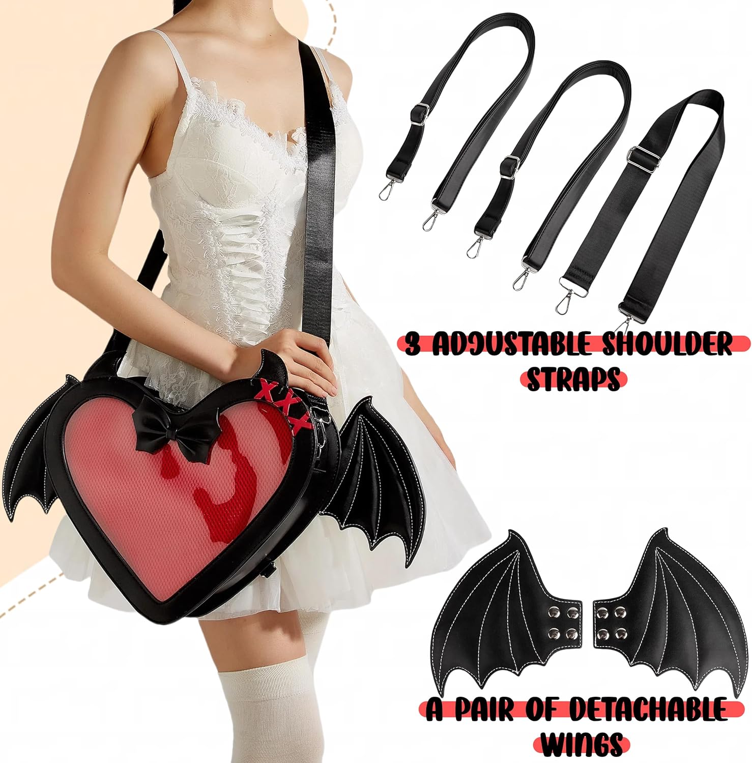 Gothic Ita Bag Backpack with Bat Wings Kawaii Heart Shaped Pin Display Bag Adjustable Crossbody Shoulder Purse for Cosplay and Concert, Black - Image 5
