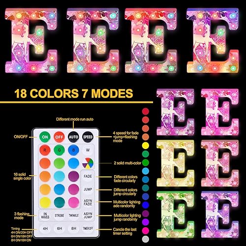 Miniatura 9 de Letras iluminadas, letras LED de marquesina con purpurina, 18 letras del alfabeto iluminadas con diamantes que cambian de color con control remoto