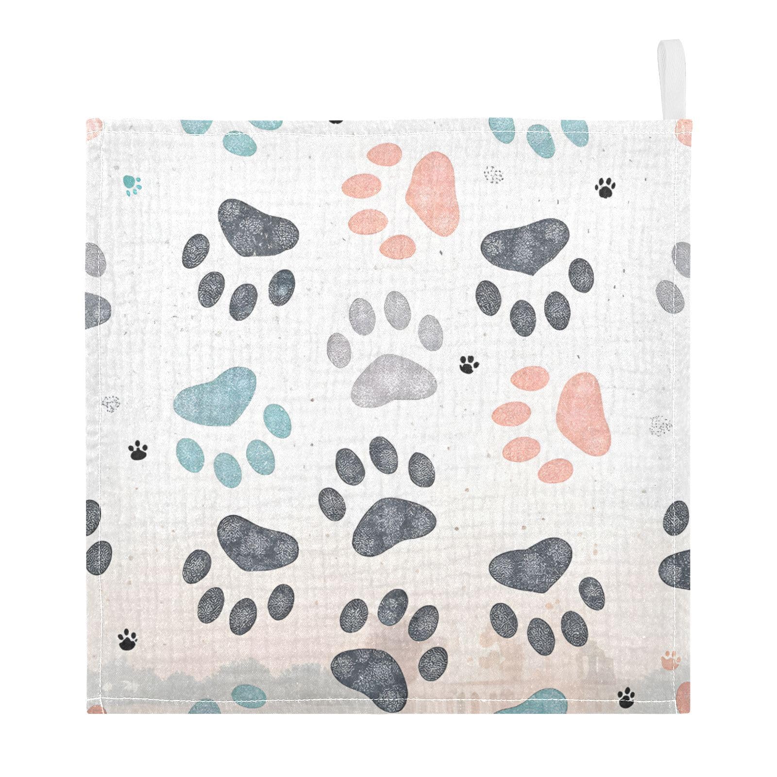 Ttgoth Dog Paw Baby Muslin Washcloths, 3 Pack 4-Layer Cotton Face Towels with Hanging Loop, Soft Absorbent Wash Cloths for Newborns, 30 x 30 cm