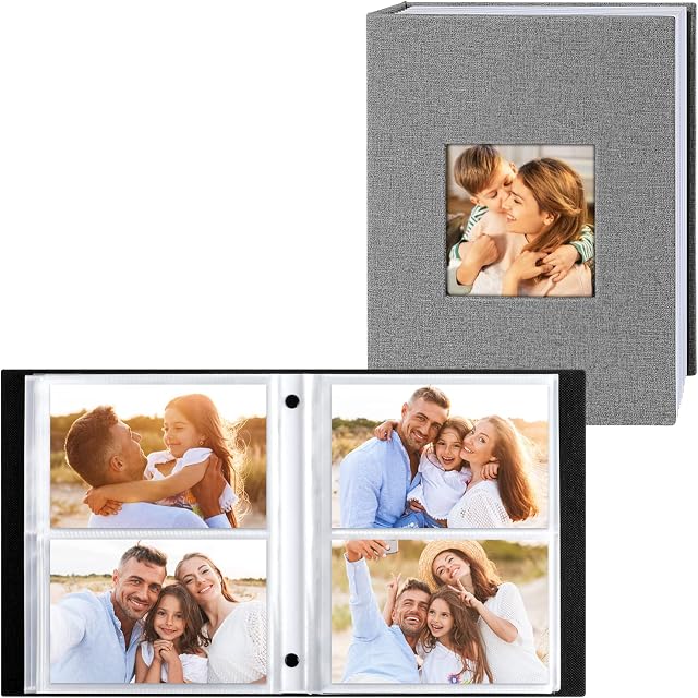 Lanpn Album fotograficzny na 200 zdjęć w formacie 10x15, mały lniany album do wkładania zdjęć w układzie poziomym, 2 opakowania, kolor szary