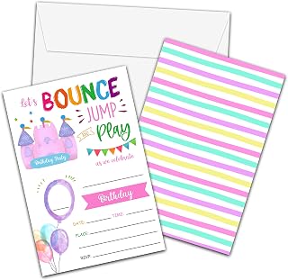 Bounce House Birthday Invitations with Envelopes - Jump Trampoline Party Invitation Card for Girls/Boys - Blush Pink Fill-in Invites Cards - Let's Jump Party Celebration (20 Pack)-01