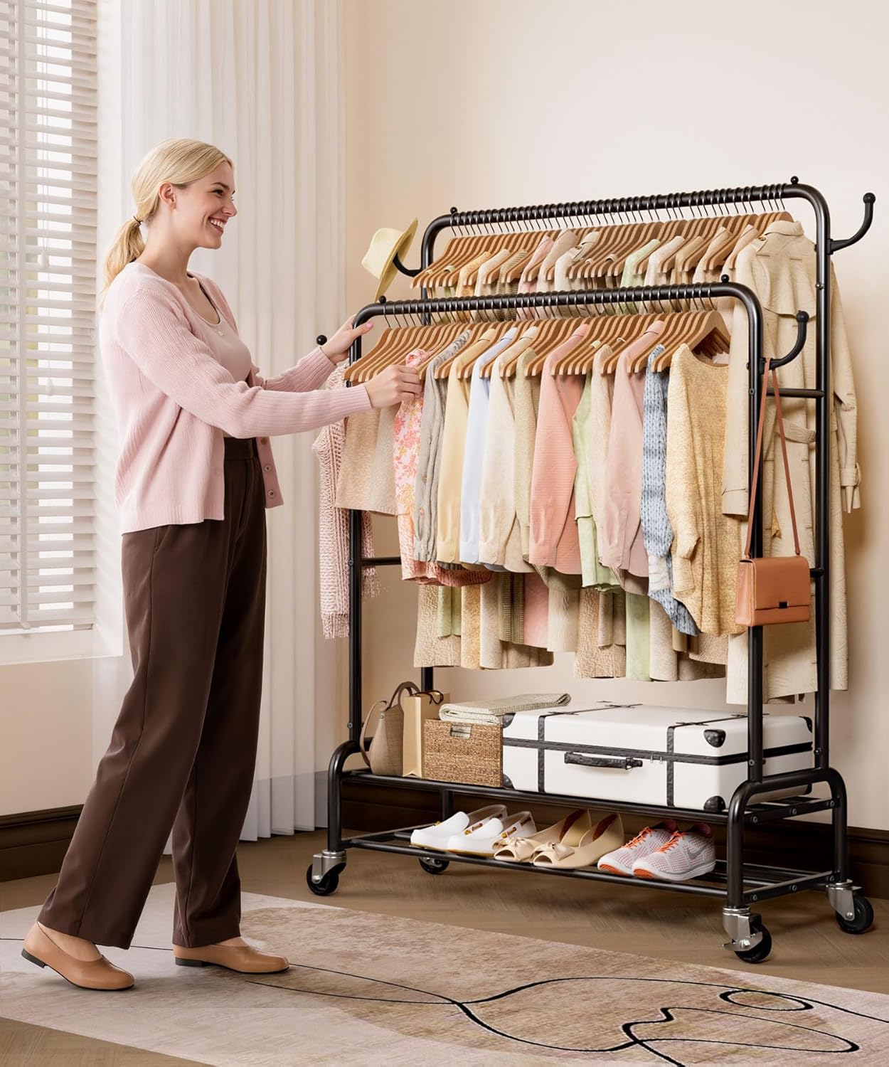 Homde Heavy Duty Clothes Rack: 265lb Double Rod Garment Hanging for Indoor - Rolling Coat Organizer Storage for Laundry Bedroom - Dress Shirt Closet Display on Wheels with Shelf (Black，44")