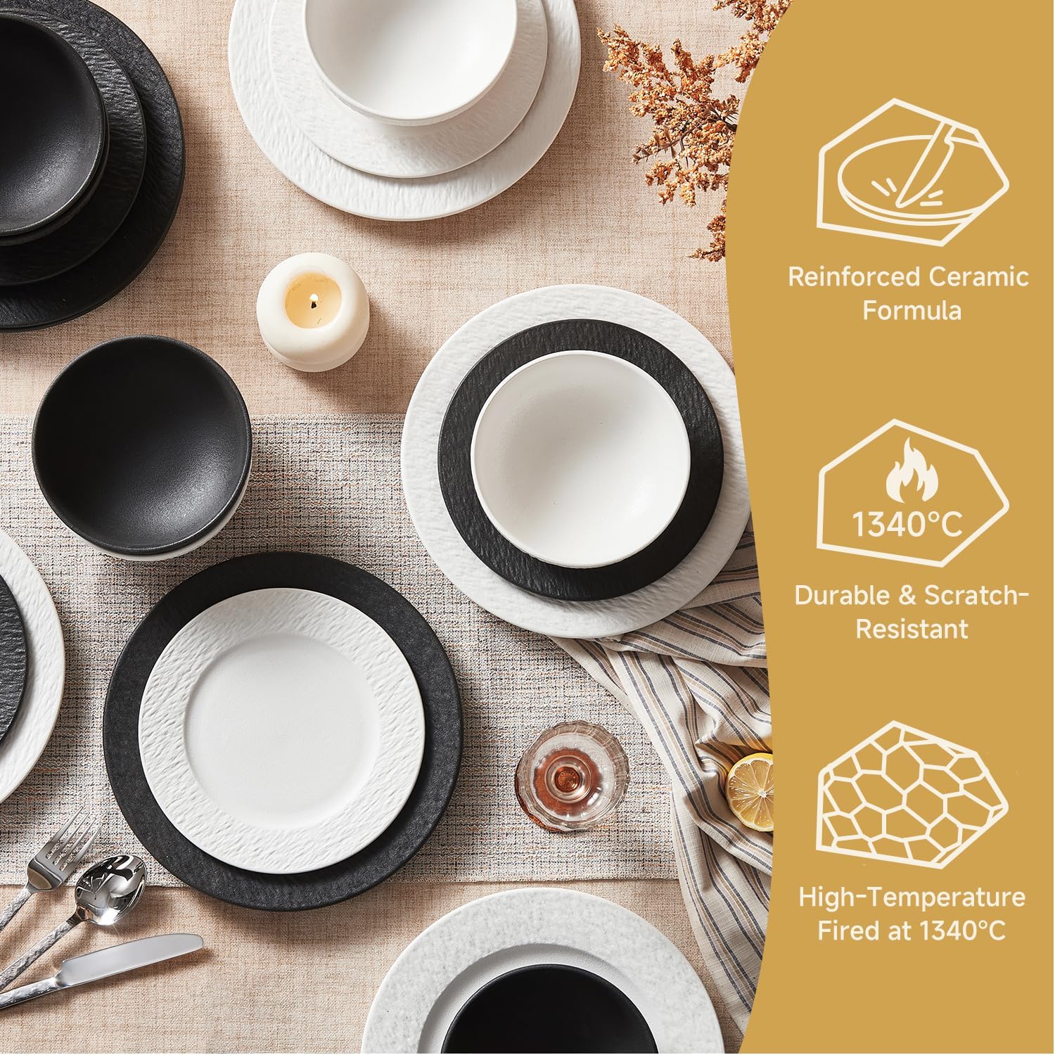 KINGSTONE Dinnerware Sets, 12-Piece Matte Marble Pattern Premium Porcelain dishes set, Plates and Bowls Sets for 4, Place Setting with Dinner Plate, Salad Plate, Pasta Bowl (White)