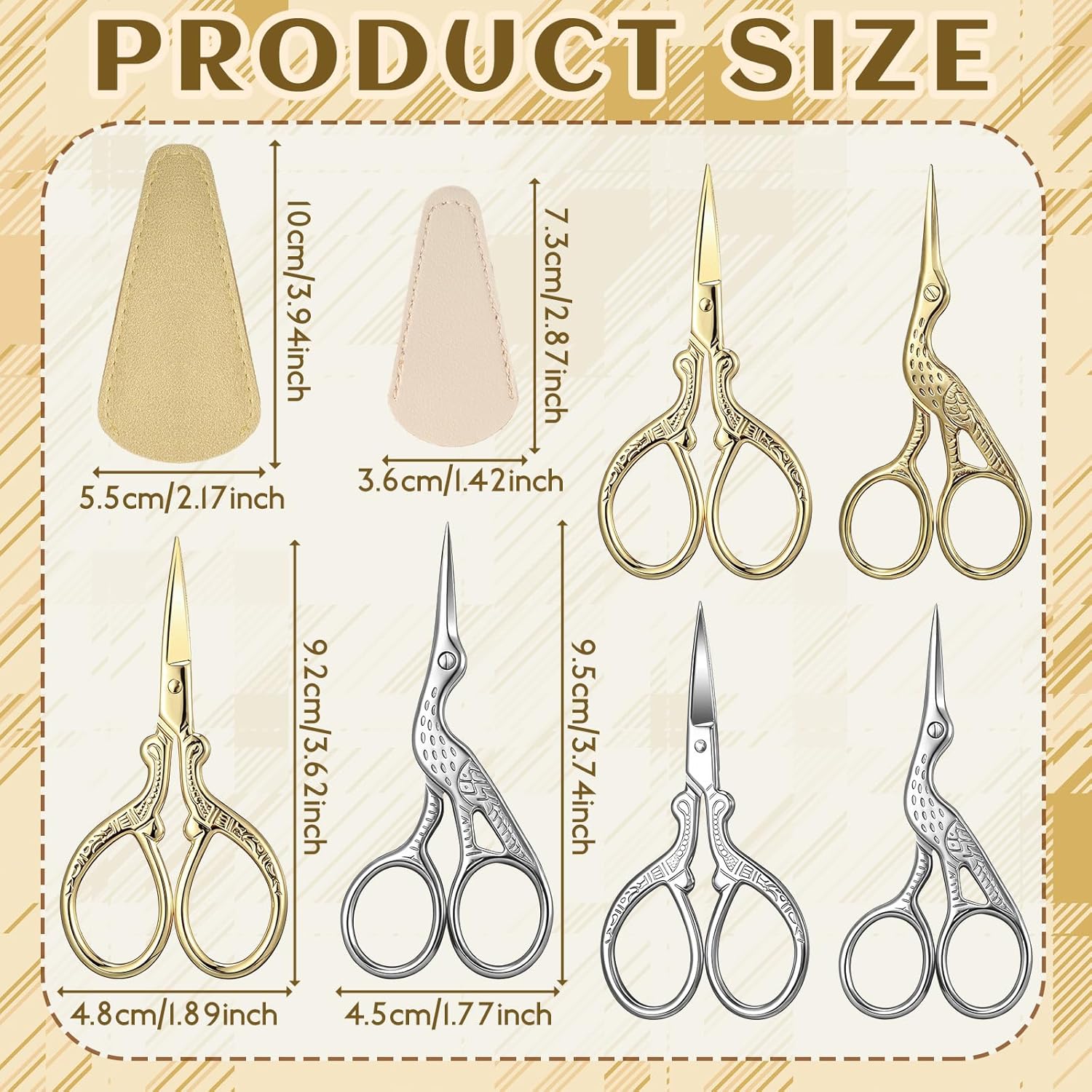 12 Pcs Embroidery Scissors Stainless Steel Sharp Stork Scissors with Leather Cover Vintage Small Sewing Crochet Shears 3.6 Inch for Crafting Artwork Needlepoint Threading DIY Tool Gold Silver