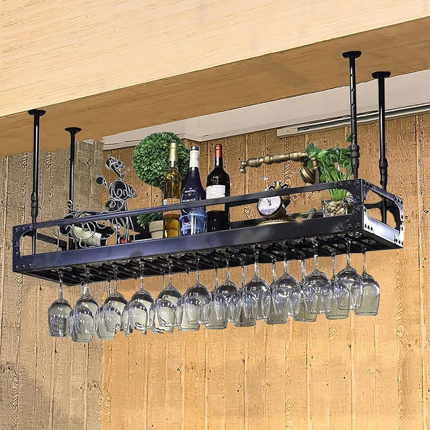 Hanging Wine Glass Holder Ceiling Wine Rack,Height Adjustable,Hanging Iron Storage Rack,Decoration Rack,Goblet Stemware Holder,Bars/Restaurants/Kitchens Display Shelf