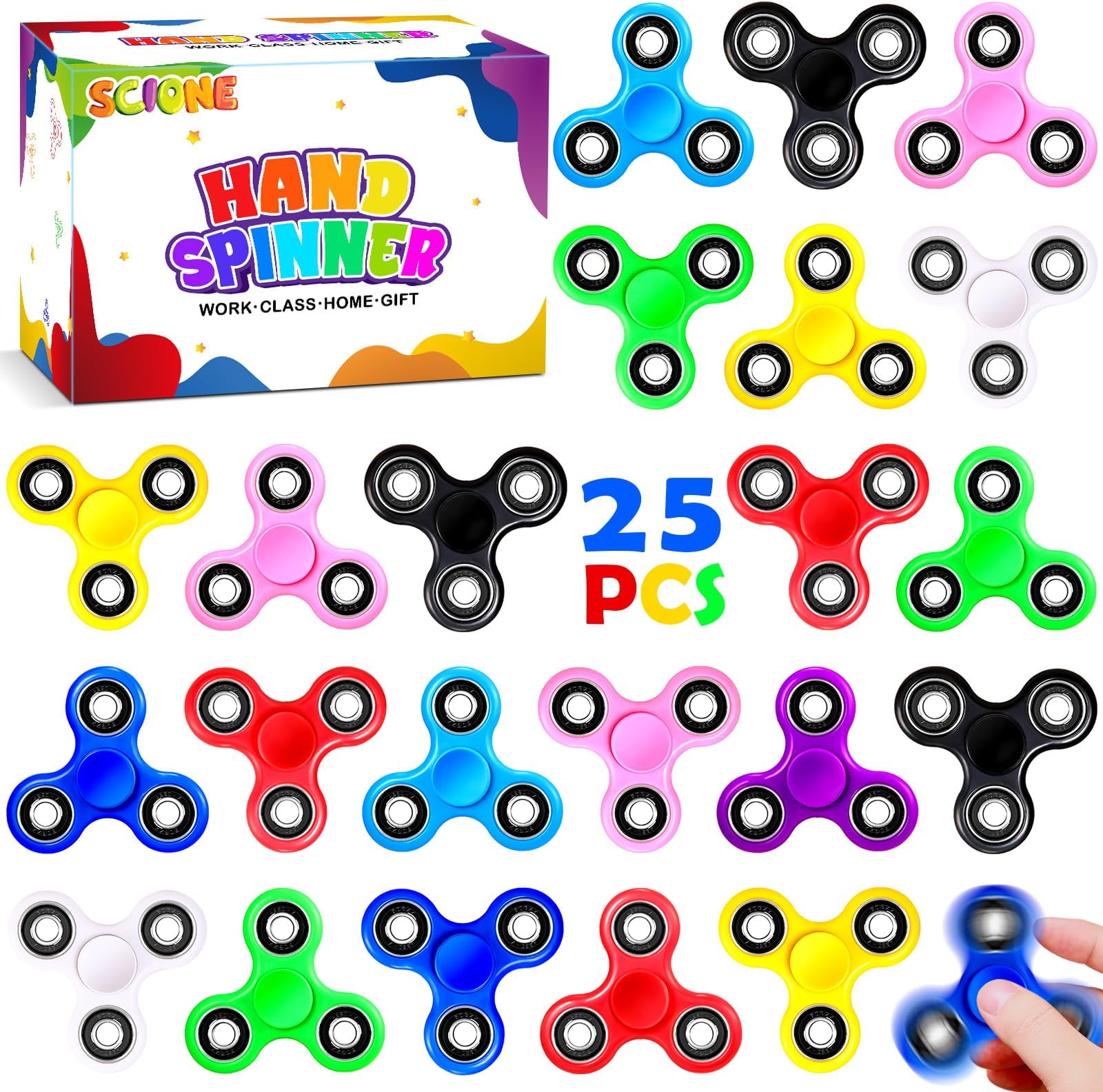 Fidget Hand Spinners 25 PC Color Bundle Bulk EDC Tri-Spinner Desk School Toy Anxiety Relief ADHD Student Relax Therapy Pack Combo Wholesale Green Red Black White Blue Yellow Glow Pink Glow Sky Blue1