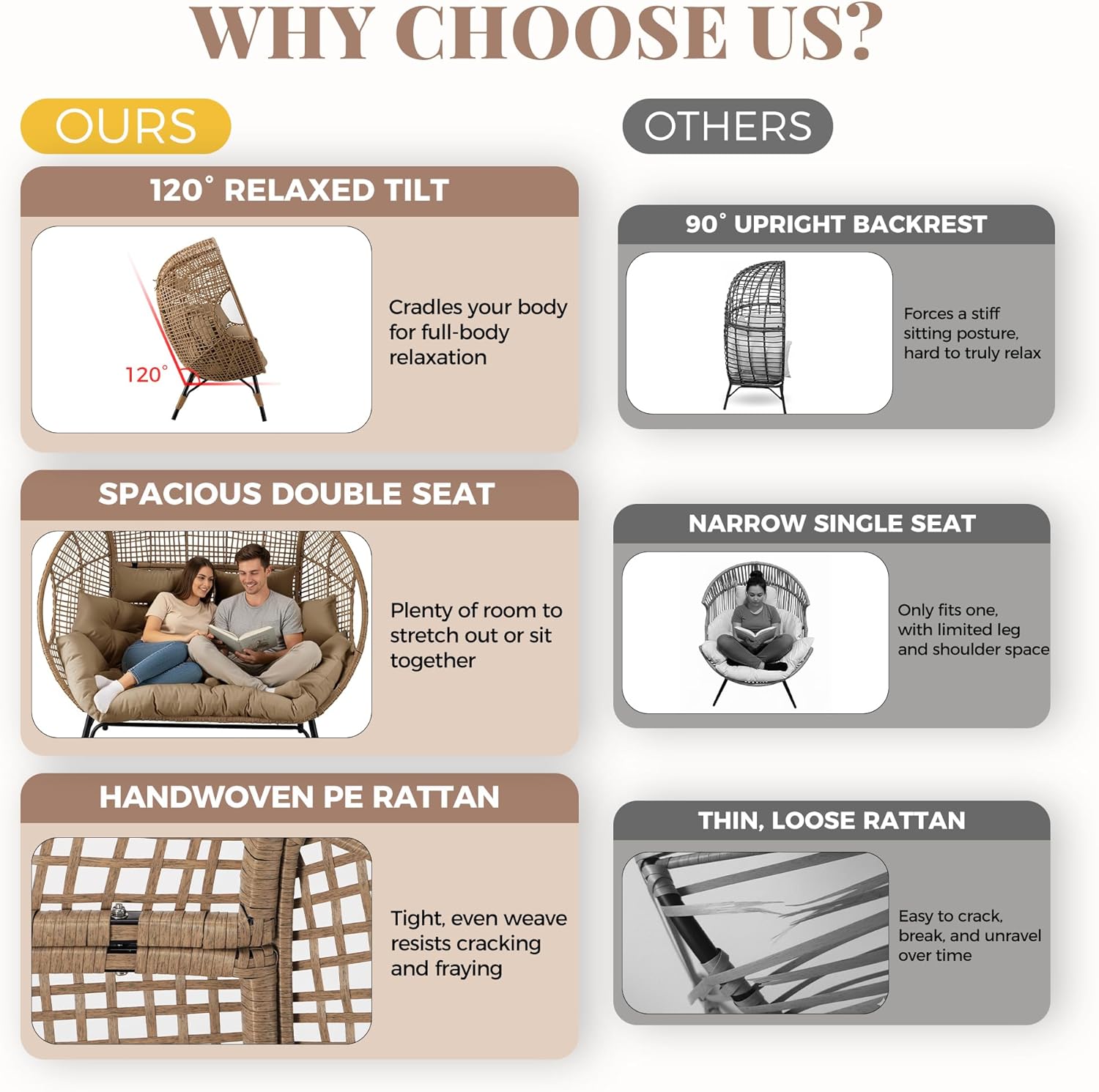 BULEXYARD Double Egg Chair Indoor Outdoor, 2 Person Brown Wicker Oversized Stationary Egg Chair with Brown Thick Cushion, Patio Wide Lounge Loveseat with Legs for Balcony, Porch