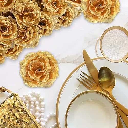 Miniatura 5 de Paquete de 50 rosas artificiales doradas para decoración, manualidades, cabezas de flores de seda sin tallo de 3 pulgadas para decoración de pared,