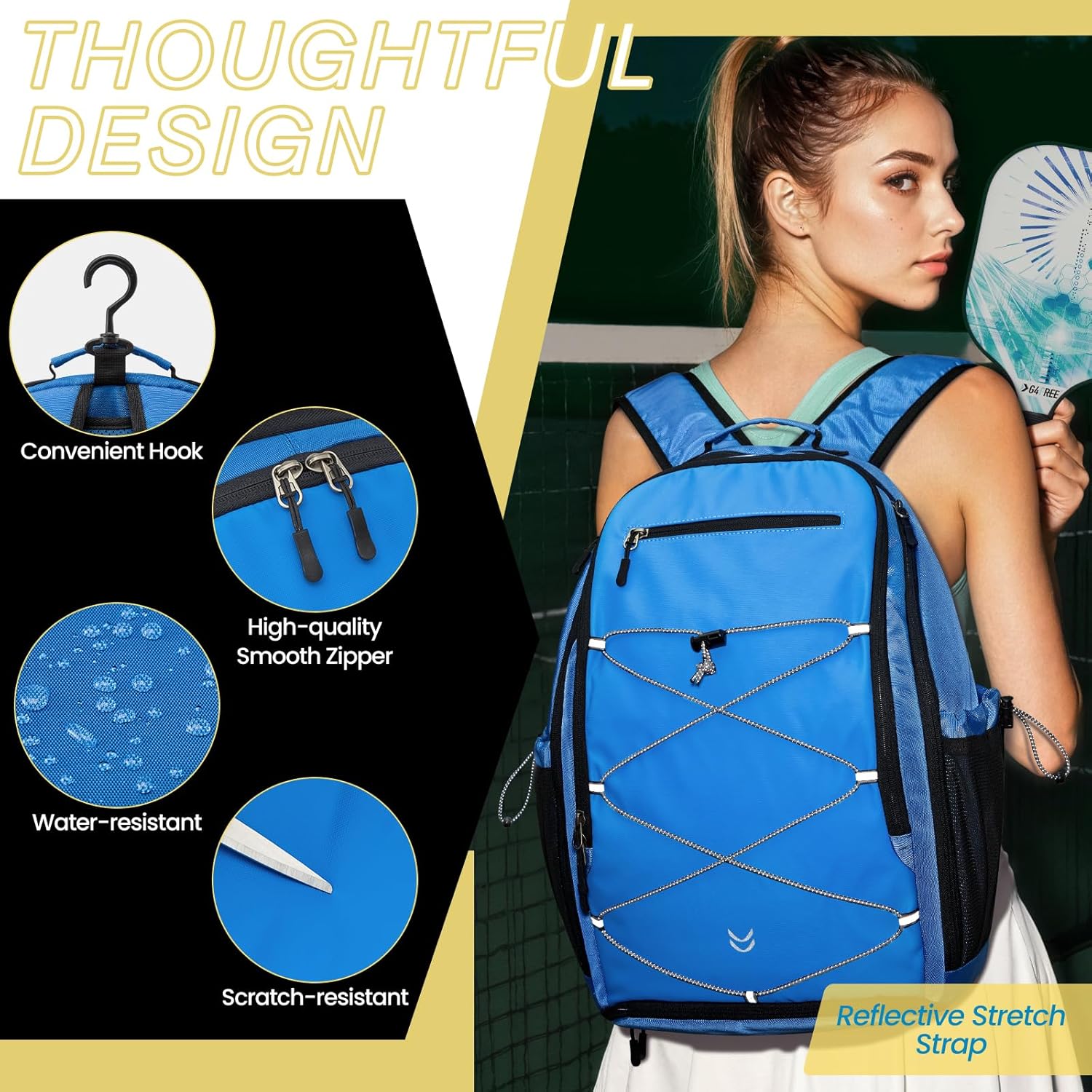 G4Free Pickleball Bag Pickleball Backpack for Women & Men School Backpack for Teens Bookbag for College Student with Fence Hook Laptop Compartment(Blue)
