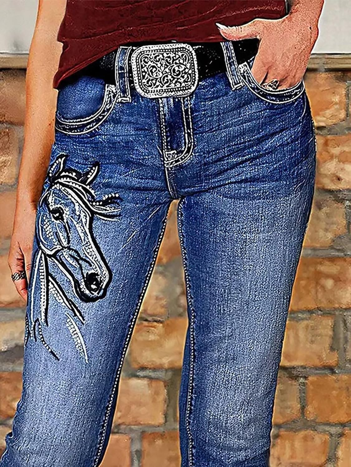 Flamingals Embroidered Boot Cut Jeans for Women Mid Rise Western Cowgirls Horse Embroidery Bootcut Denim Jeans Without Belt