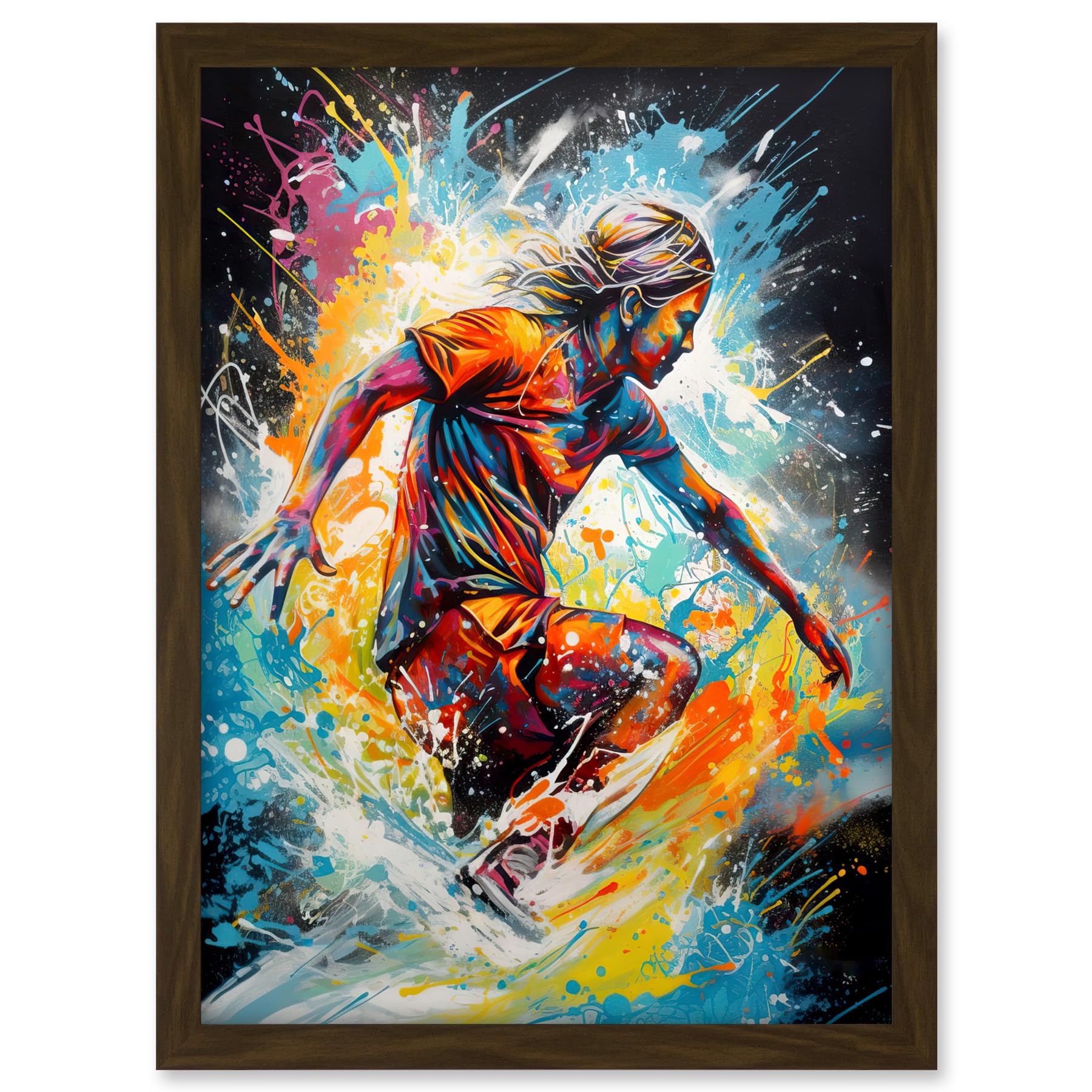 Artery8 Surfer Surfing on Splatter Paint Crashing Waves Artwork Framed A3 Wall Art Print