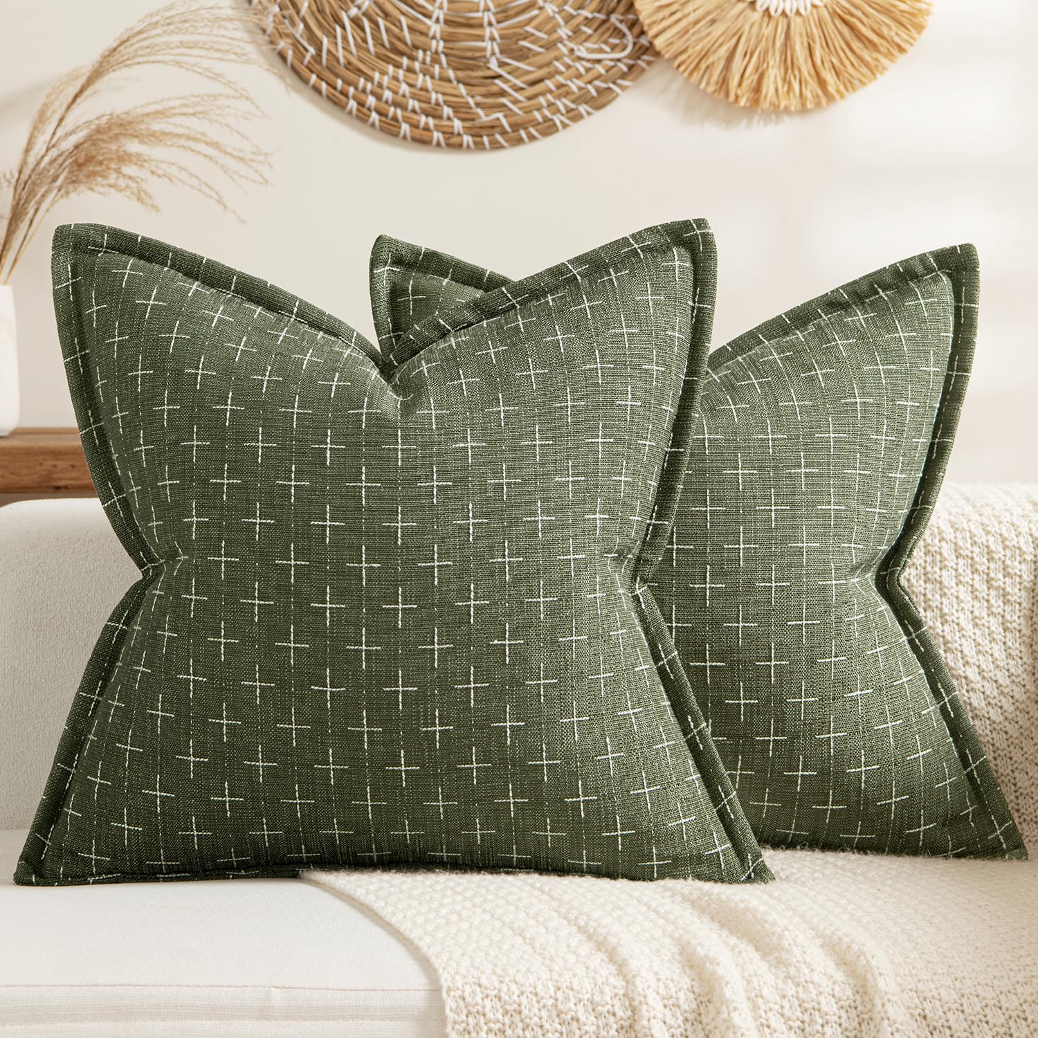 Fundas decorativas de lino de arpillera de 18 x 18 pulgadas, color verde oliva, vintage, fundas de almohada modernas para exteriores, fundas de cojín tejidas con textura para sofá, cama, sala