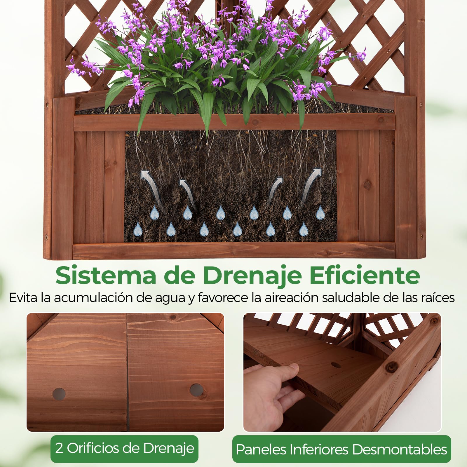 GOPLUS Jardineras con Enrejado Angular de Madera, Cama Elevada de Jardín, Orificios de Drenaje, para Flores Verduras Plantas Trepadoras, Macetero Exterior para Patio Jardín, 55 x 55 x 140 cm (Marrón)