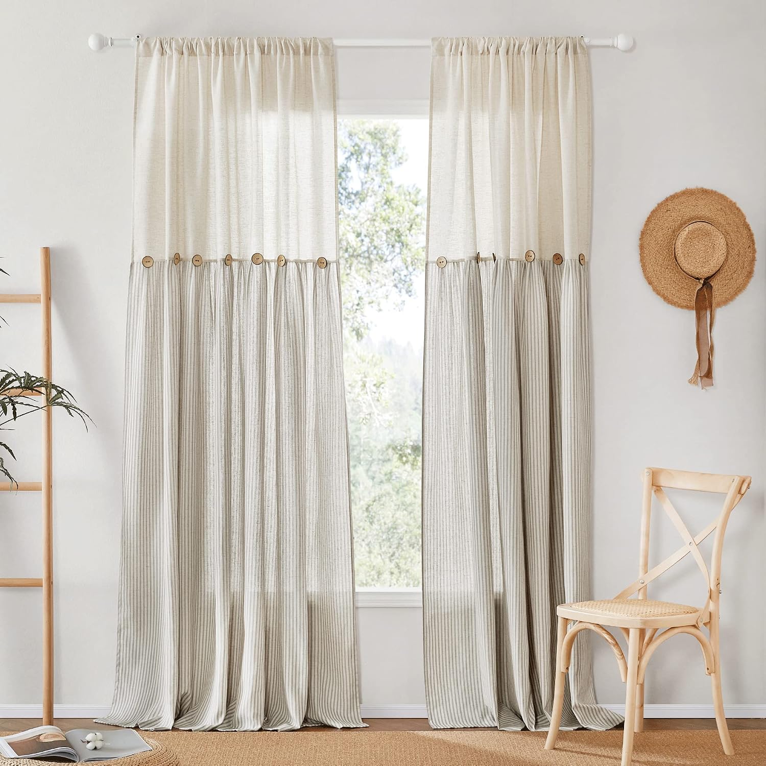 NICETOWN Grey Flax Linen Buttons Window Drapes, Farmhouse Rod Pocket Semi-Sheer Elegant Curtains for Living Room/Classroom, 2 Panels, 52 inches W by 84 inches L