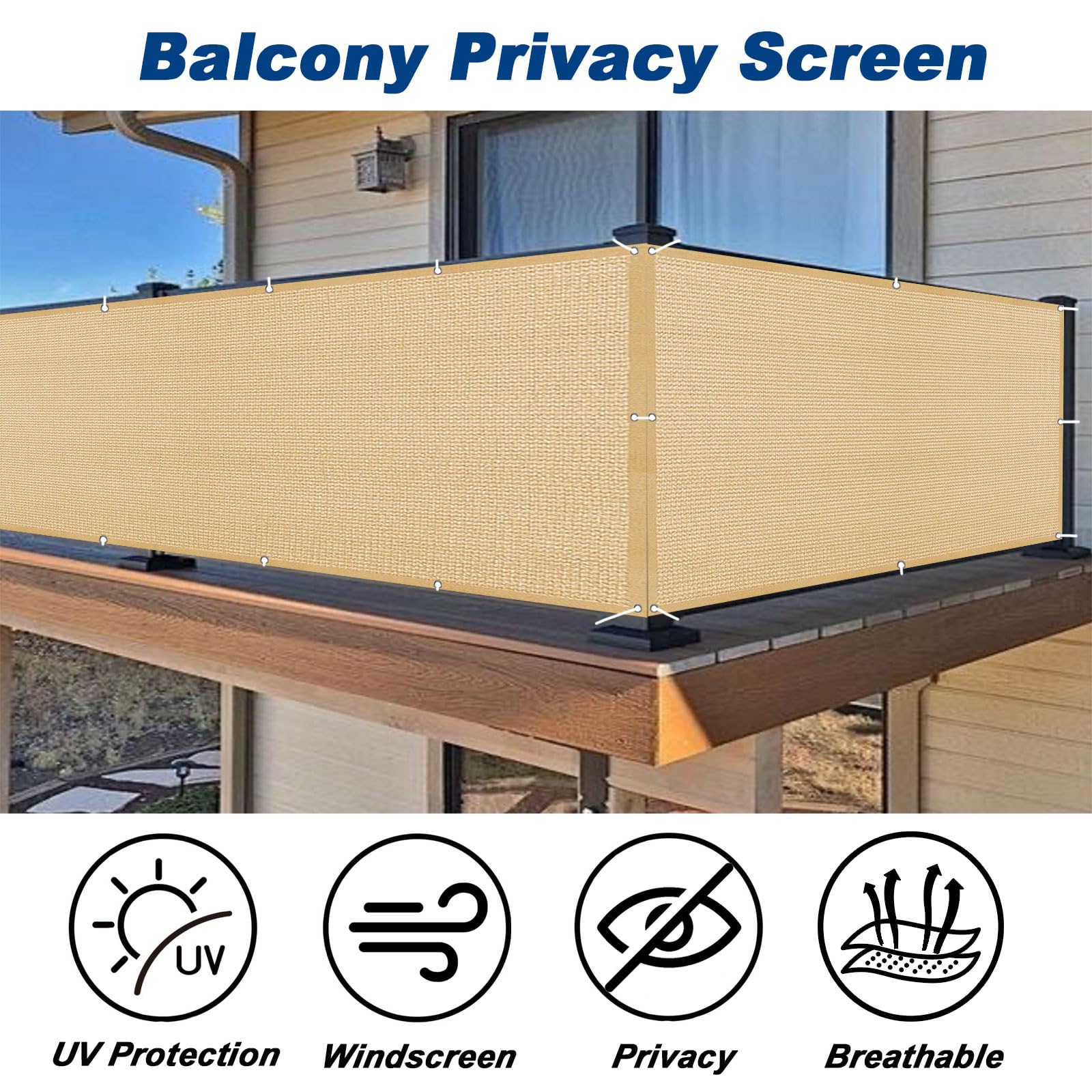 Brise Vue Balcon 100 x 310 cm Hdpe, Respirant, Vent, UV Résistant Écran D'Intimité avec Attaches de Câble Œillets, Résistant Aux Intempéries pour Jardin, Balcon, Jaune Sable