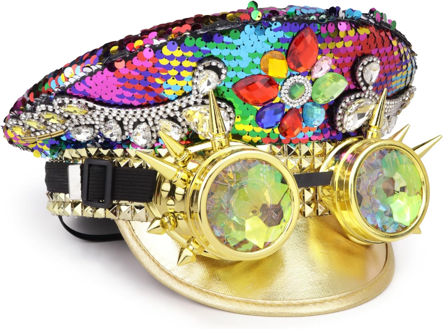 Needzo Sequin Music Festival Military Captain's Hat, Steampunk with Goggles, Bachelorette Party Accessories, One Size