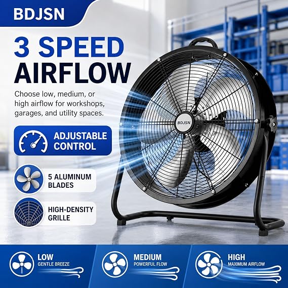 Industrial Drum Fan, 3-speed High Velocity Air Circulator With 5 Aluminium Blades, Adjustable Tilt Metal Floor Fan For Workshops, Warehouses, Garages And Covered Patios, 16/20/24 Inch 16in