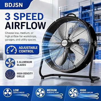 Industrial Drum Fan, 3-speed High Velocity Air Circulator With 5 Aluminium Blades, Adjustable Tilt Metal Floor Fan For Workshops, Warehouses, Garages And Covered Patios, 16/20/24 Inch 16in