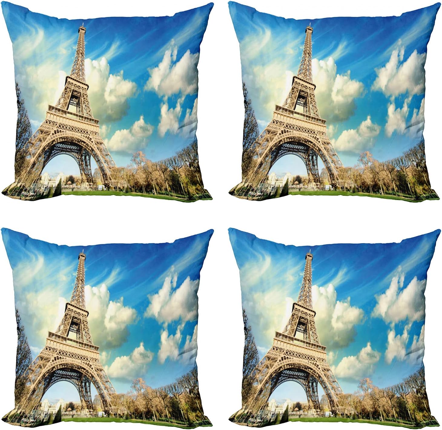 Ambesonne Paris Decorative Throw Pillow Case Pack of 4, Famous Eiffel Tower France and Cloudy Autumn Sky Bare Branched Trees Fall Season, Cushion Cover for Couch Living Room Car, 16", Blue Beige