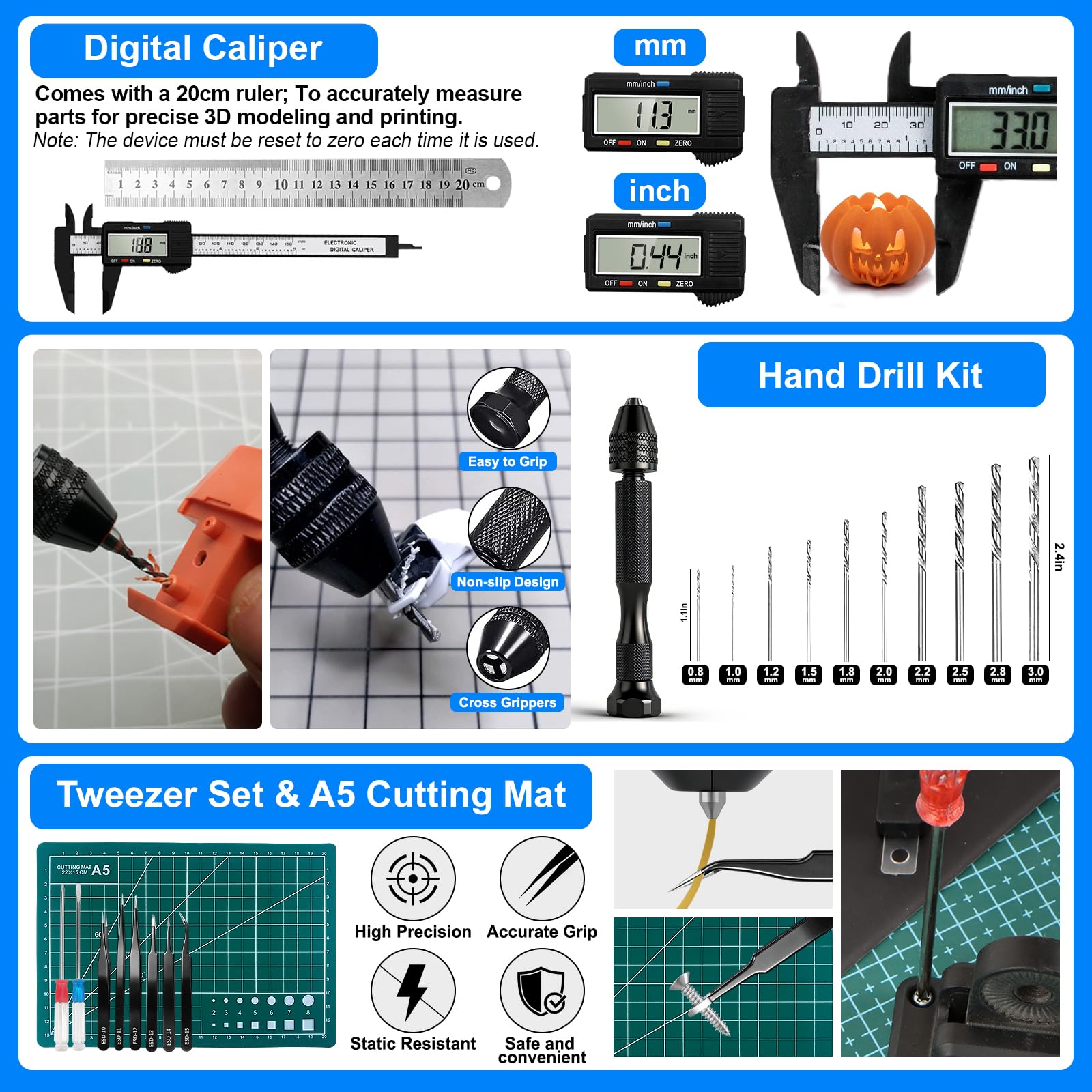 Kit de 342 herramientas de impresora 3D, accesorios de impresión 3D con herramienta de limpieza, herramienta de desbarbado, alicates, alfombrilla de corte, pinzas, regla y otros accesorios de
