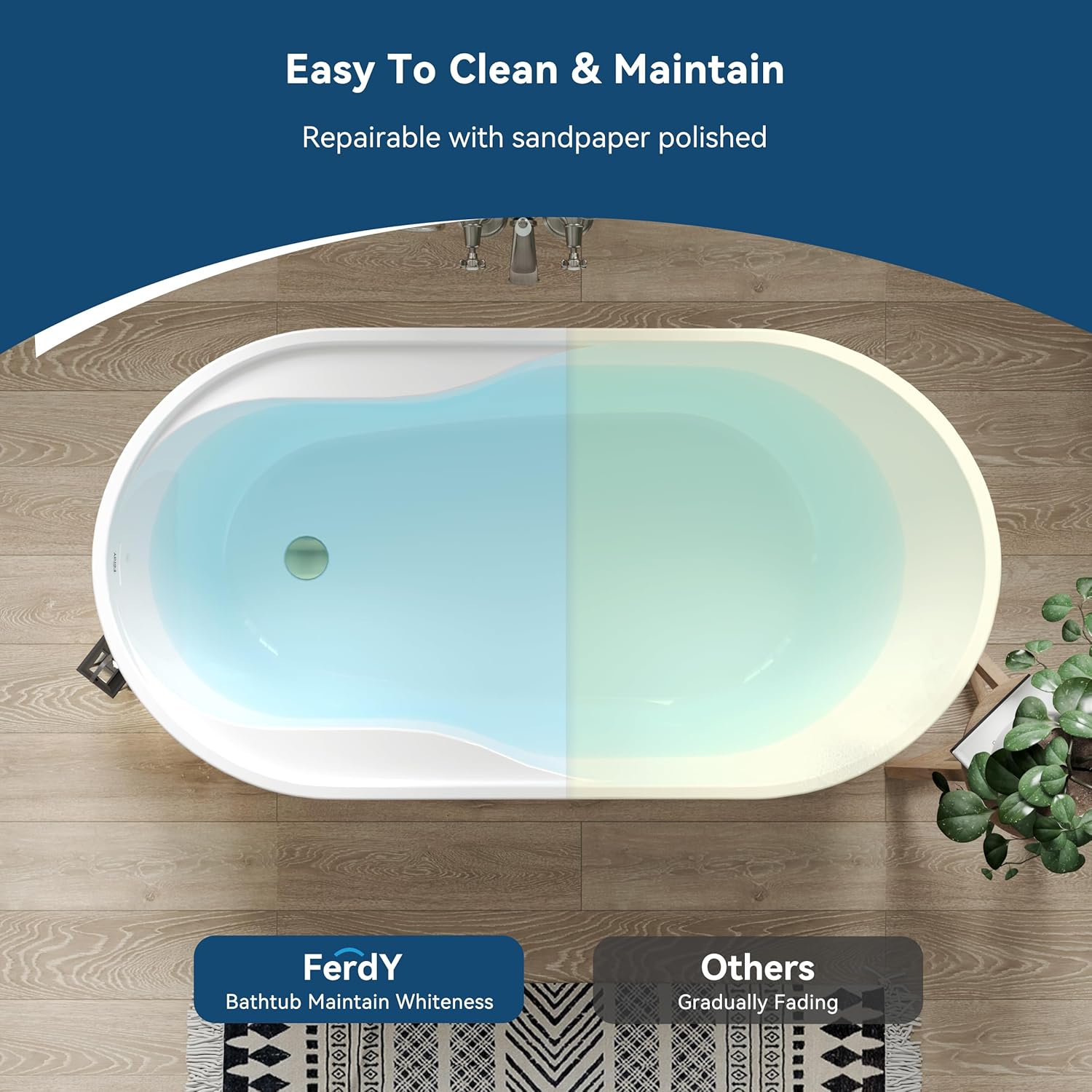 FerdY Lana'i 60" Freestanding Bathtub, Gracefully Shaped Freestanding Soaking tub, cUPC Certified, Brushed Gold Drain Assembly Included