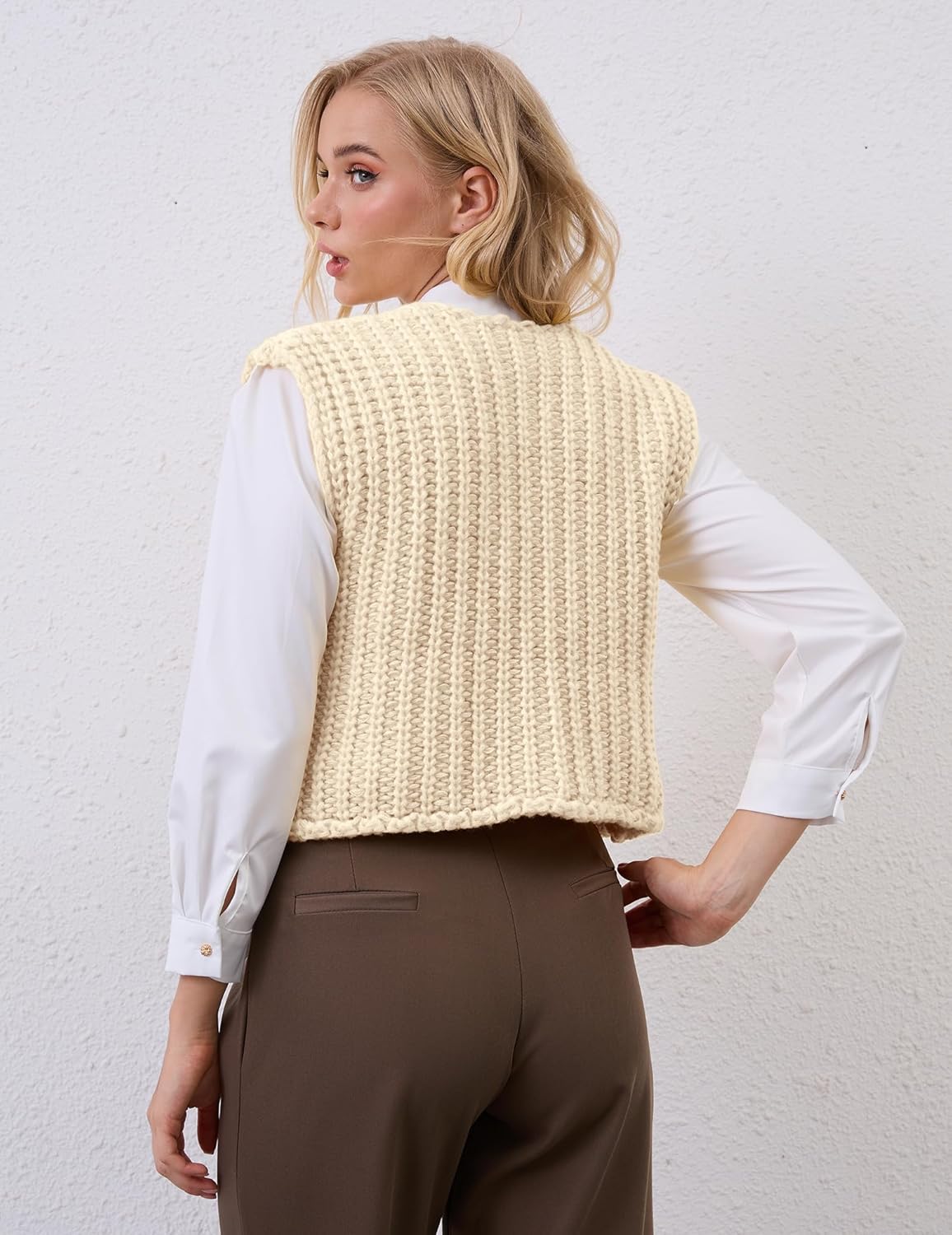 Women Crochet Knit Sweater Vest Button Up Cropped Casual Sleeveless Vest Fashion Vintage Cardigan with Pocket - Image 6