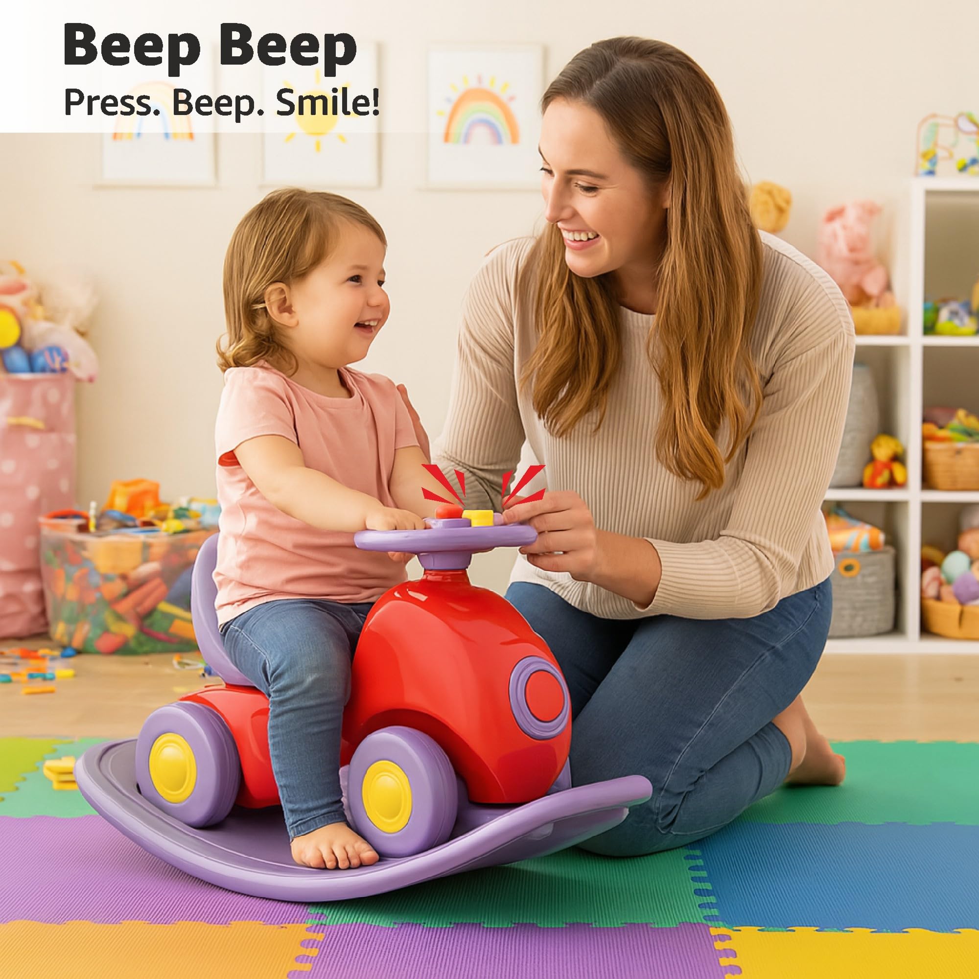 Amazon Brand - Jam & Honey 3 in 1 Car Ride On,Rocker and Balance Board for Kids | for 18+ Months | Push Car with Backrest | Steering Wheel | Indoor or Outdoor Toy | BIS Approved | Safe and Fun Toy 1