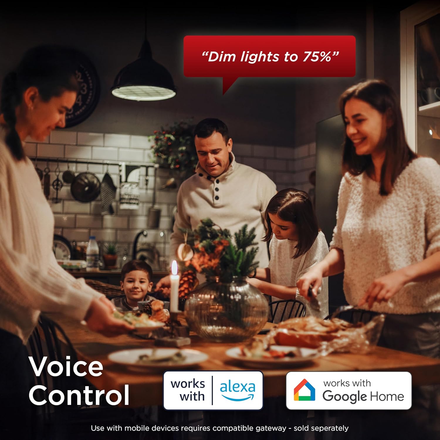 Family using voice control to dim lights with Alexa and Google Home