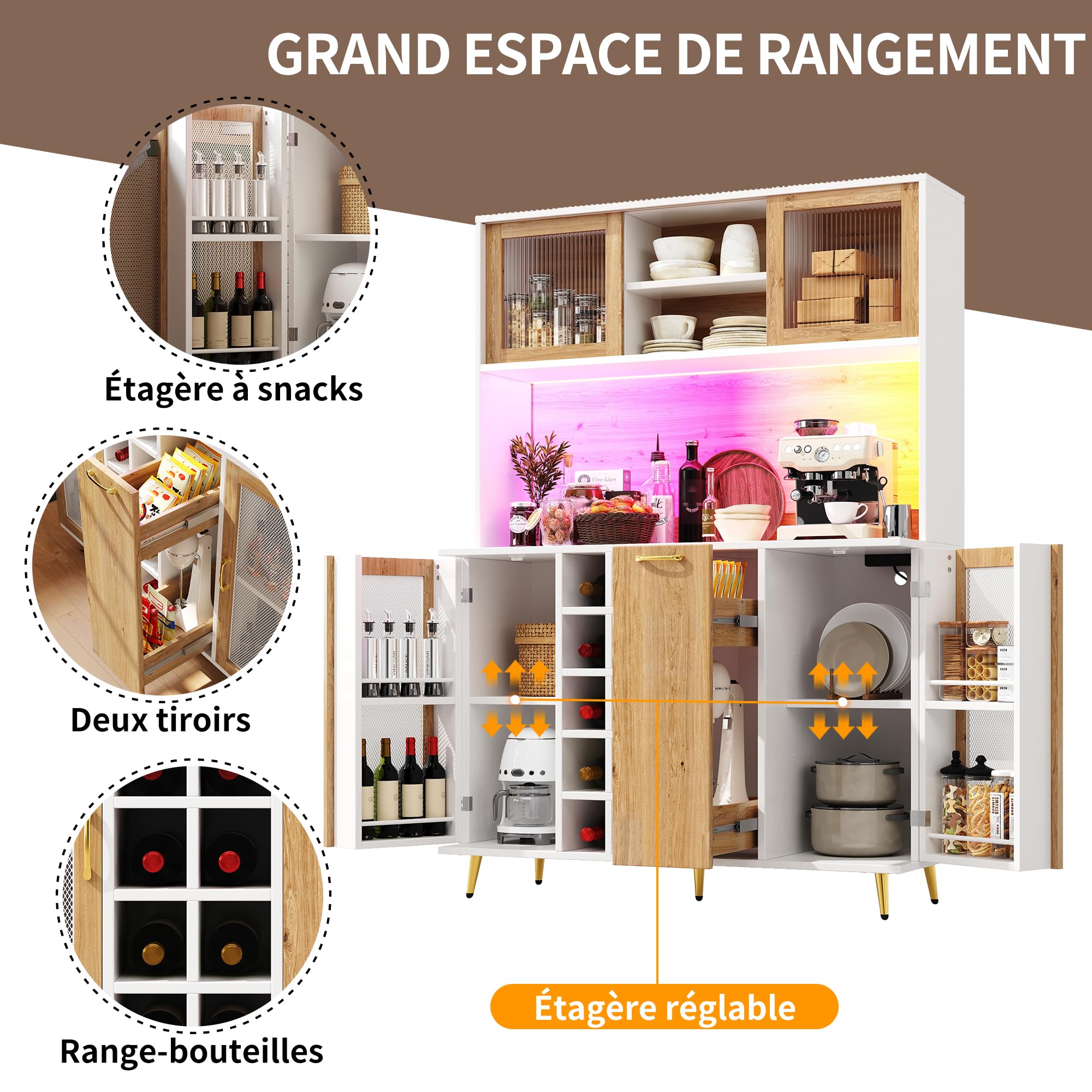 Buffet Cuisine, Armoire de Cuisine avec éclairage LED, Porte-Bouteilles et Rangement pour Snacks, 5 Portes, Prise Intégrée, Finition Blanche avec Décor Imitation Bois, 120 x 40 x 170 cm