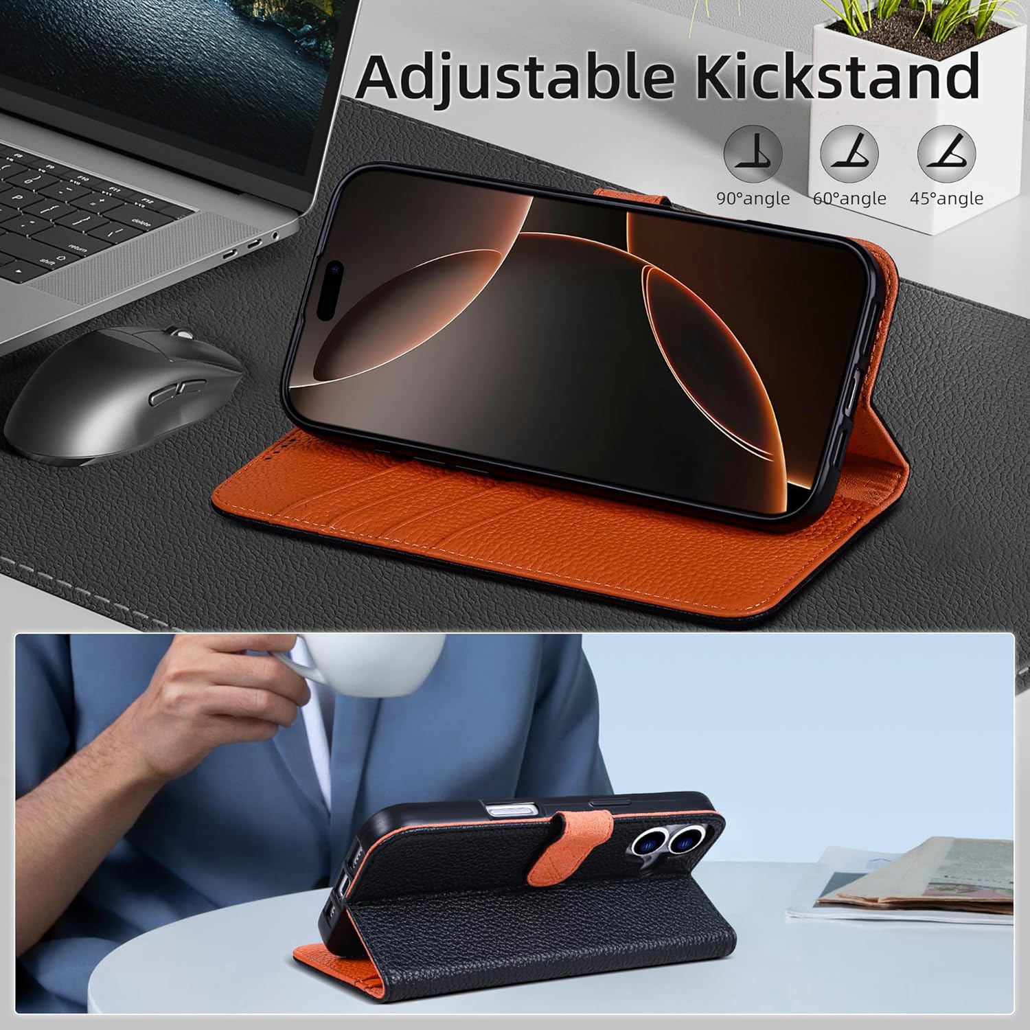 VISOUL Phone Case Wallet for iPhone 16 Plus, Pebbled Genuine Leather Magnetic Wallet Case with Card Holders Kickstand Shockproof Folio Cover Designed for iPhone 16 Plus (6.7”)-Black+Orange-Magnetic