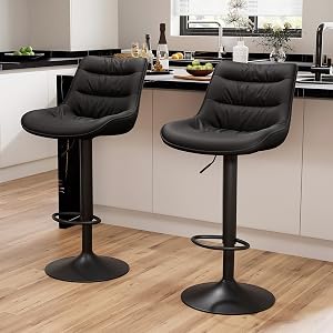 Kidol & Shellder Black Bar Stools Set of 2 Counter Height Stools Adjustable Swivel Barstools Modern Faux Leather Upholstered Comfy Armless Bar Chairs with Back for Kitchen Island