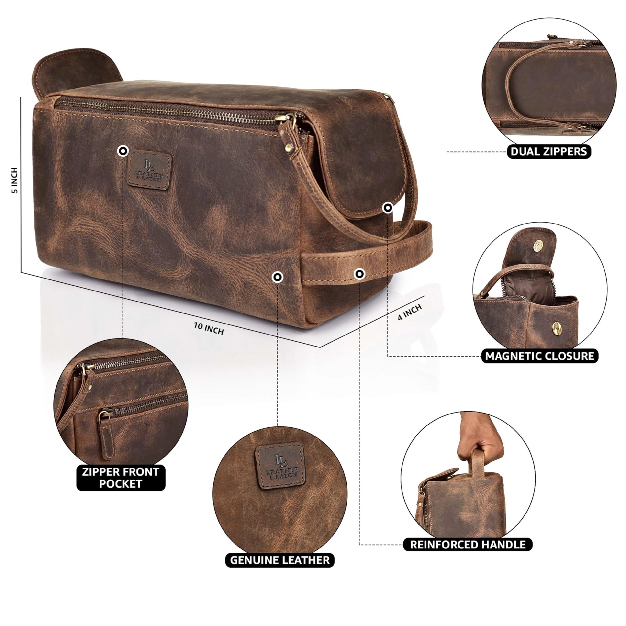 Leather & latch Premium Vintage Leder Unisex Kulturtasche Reise Dopp Kit Rasur & Kosmetik Organizer für Damen und Herren (Walnussbraun)