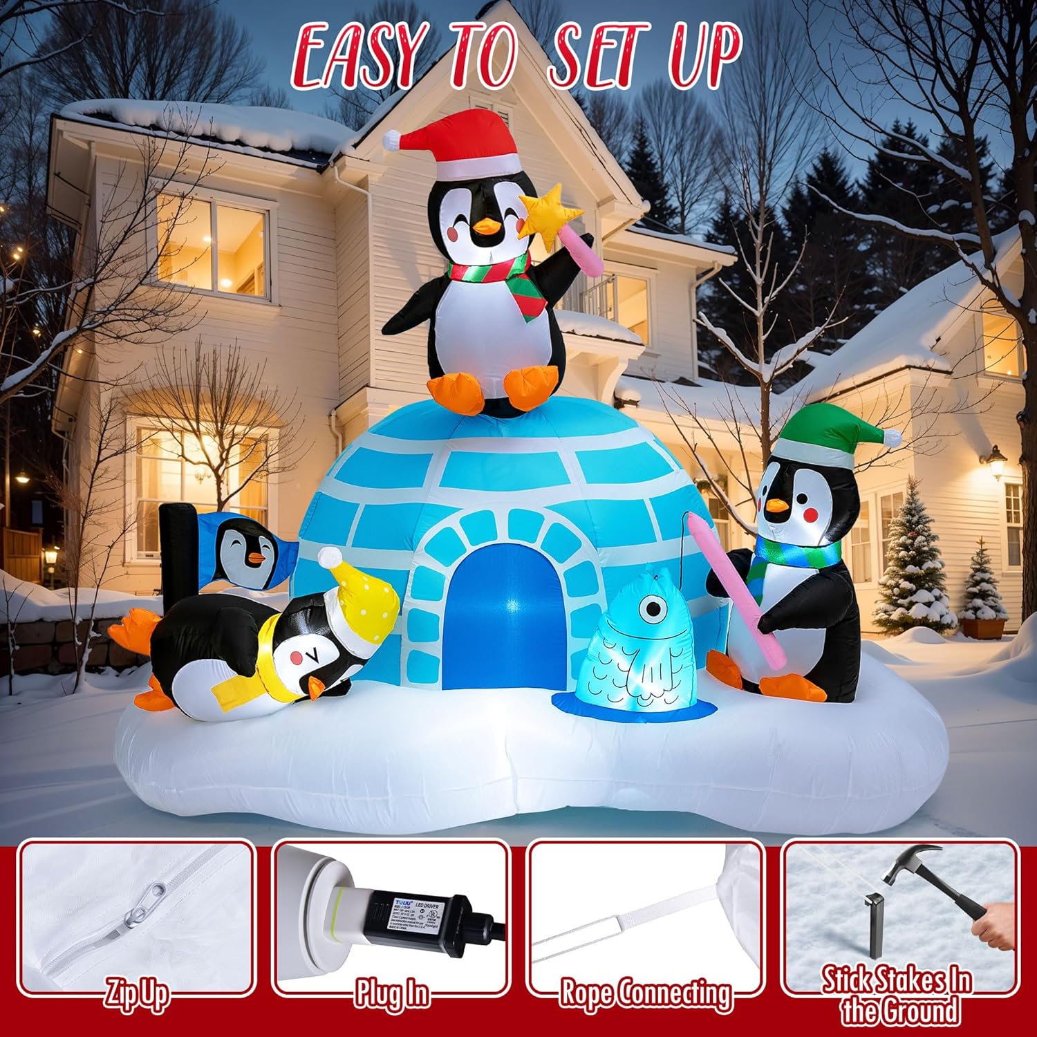 PRESENCE Inflatables Igloo LED Light Up Penguin Fishing, Christmas Blow Up for Garden Lawn Holiday - Image 6