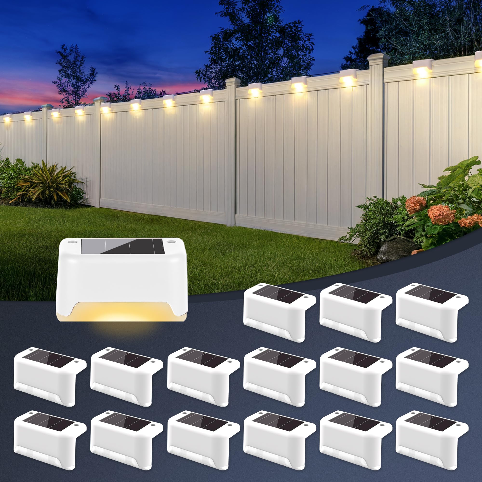 GIGALUMI Luces Solares para Exteriores Pack de 16, Luces para Escaleras, Impermeables, Iluminación LED para Escaleras Exteriores, Escalones, Vallas, Patios, Terrazas, Blanco, Blanco Cálido