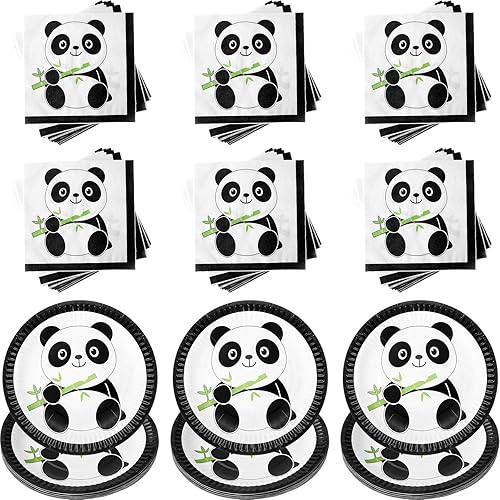 Boao Panda Party Supplies Set, Panda Disposable Tableware Including 30 Pcs Panda Paper Cake Plates and 40 Pcs Panda Baby Napkins Birthday Party