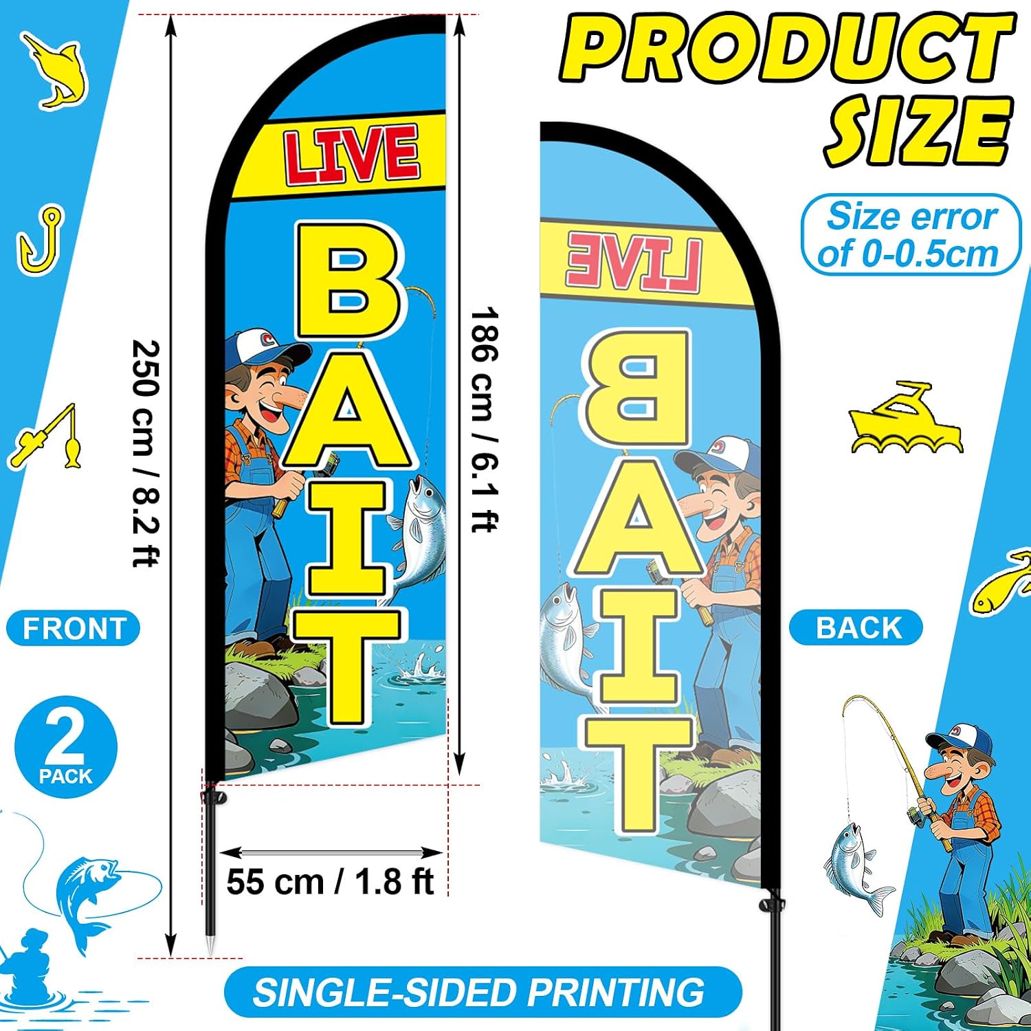2 Pcs Live Bait Feather Banner Flag Kit, 8.2ft x 6.1ft Outdoor Weatherproof Advertising Feather Banners Sign with Pole and Ground Stake for Live Bait Business