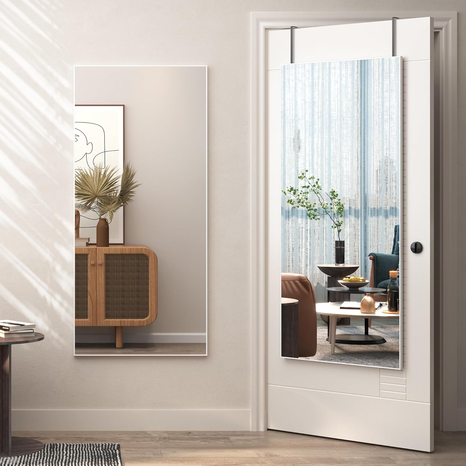 LVSOMT 47" x 22" Over The Door Full Length Mirror, Wall Mounted Full Body Mirror, Hanging Mirror for Door, Back of Door Mirror for Bedroom Bathroom Living Room, Horizontal/Vertical (White)