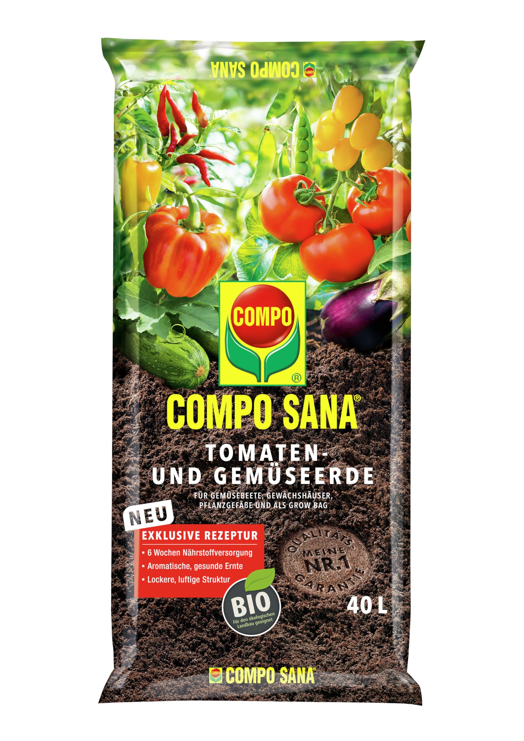 COMPO SANA® Tomaten- und Gemüseerde mit 6 Wochen Dünger für Tomaten und weitere stark zehrende Gemüsesorten 40 L