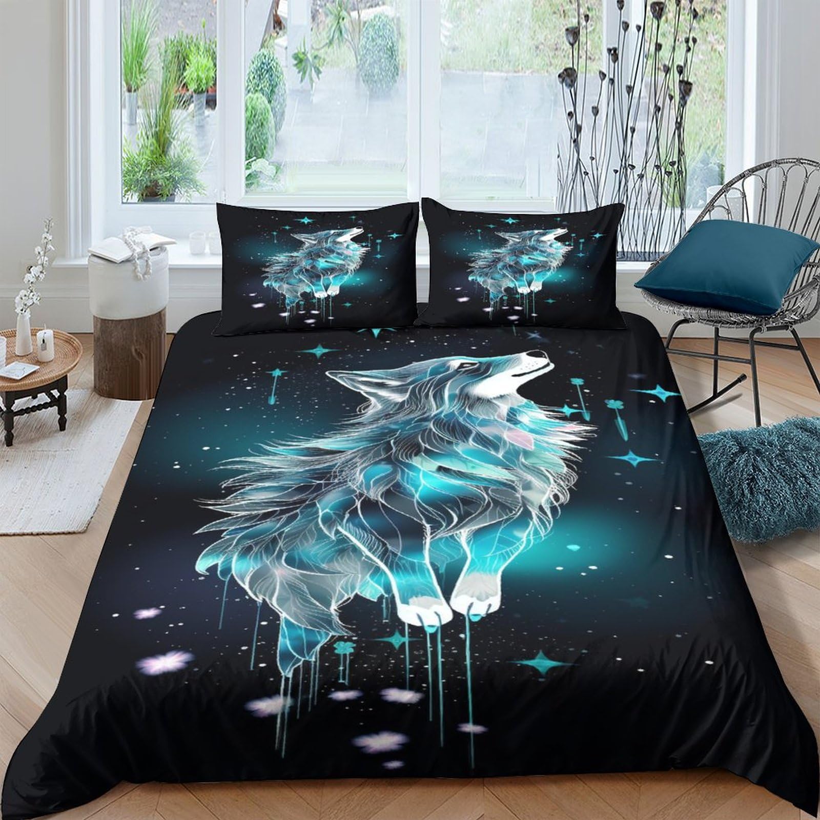 Housse de couette loup galaxie pour lit double 200x200 créant une ambiance cosmique