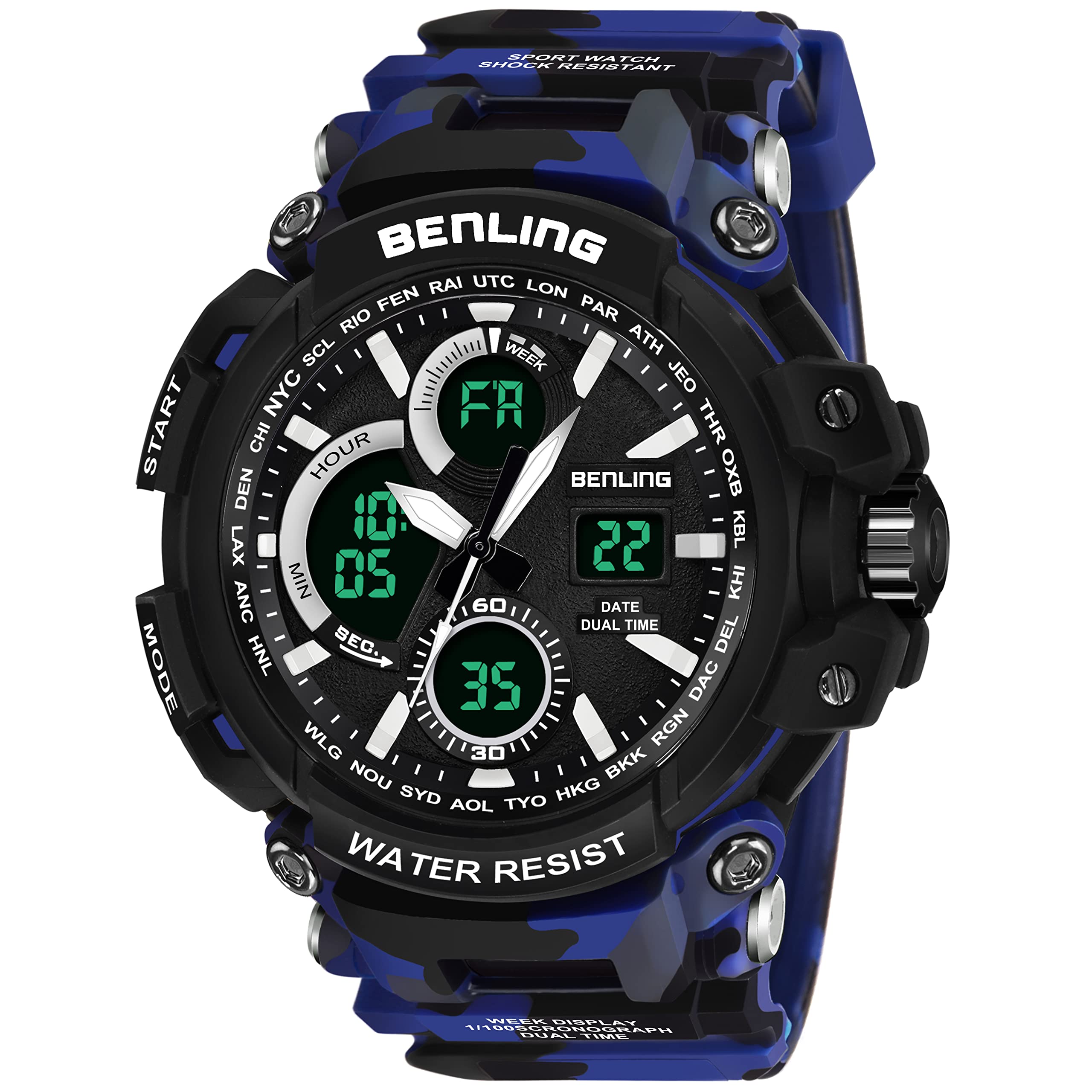Benling 6001 Analog-Digital Sports Watch for Mens Boys, Waterproof, Night EL Lumious Backlight, Dual time & Alarm Feature, Daily Use Ana-Digital Sports Mens Watch - Blue Camo (B0BRNYJJ72) Amazon Price History, Amazon Price Tracker