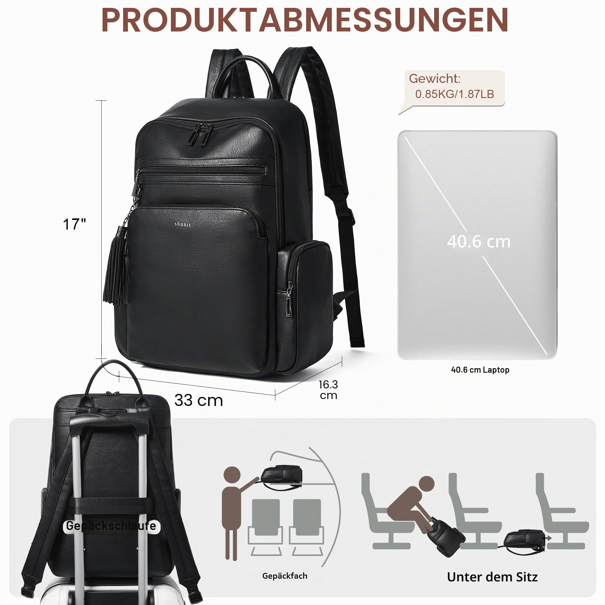 Shrrie Laptop-Rucksack für Damen,16 Zoll Business Arbeits Computer Rucksack mit Laptopfach,Lässiger Tagesrucksack für Büro, Reisen und Uni-Schwarz