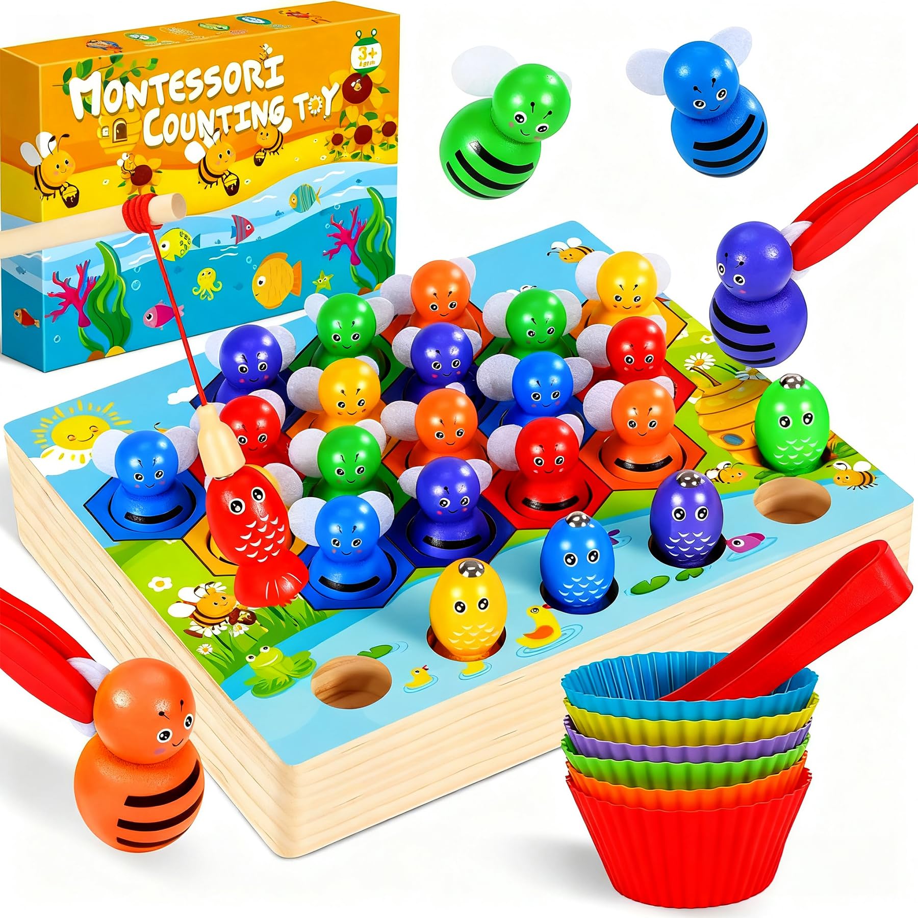 Ophy Juego de Pesca Magnético Juguetes de Madera -Montessori Juguete Educativo para Niños de 3 4 5 6 años Juego de Combinación de Colores & Clasificación Motricidad Fina Juegos con Vasos Apilables Global Recycled Standard Global Recycled Standard Global Recycled Standard