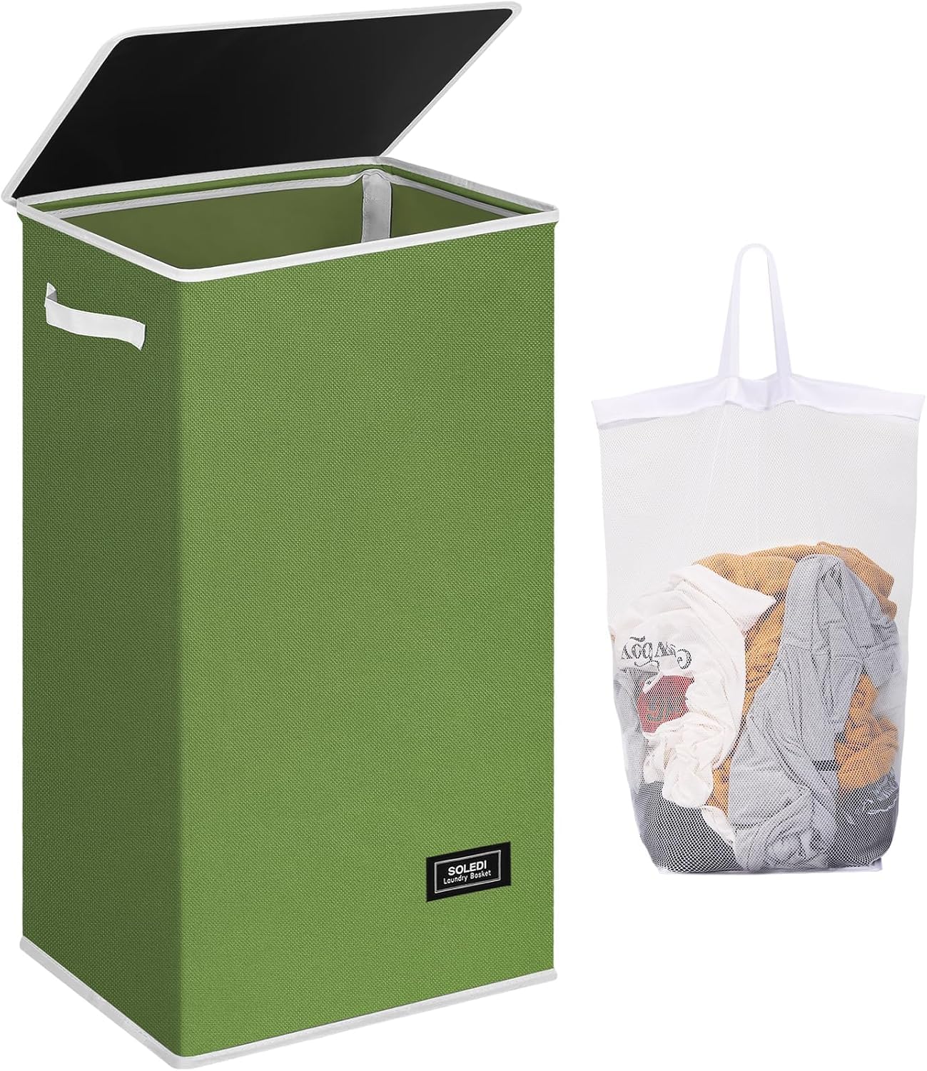 SOLEDI Laundry Hamper with Lid 100L Large & Tall Collapsible Laundry Basket, Clothes Hamper with Bag Removable Easy to Carry, Dirty Hampers for Bedroom, Bathroom, Dorm, College, Dark Green