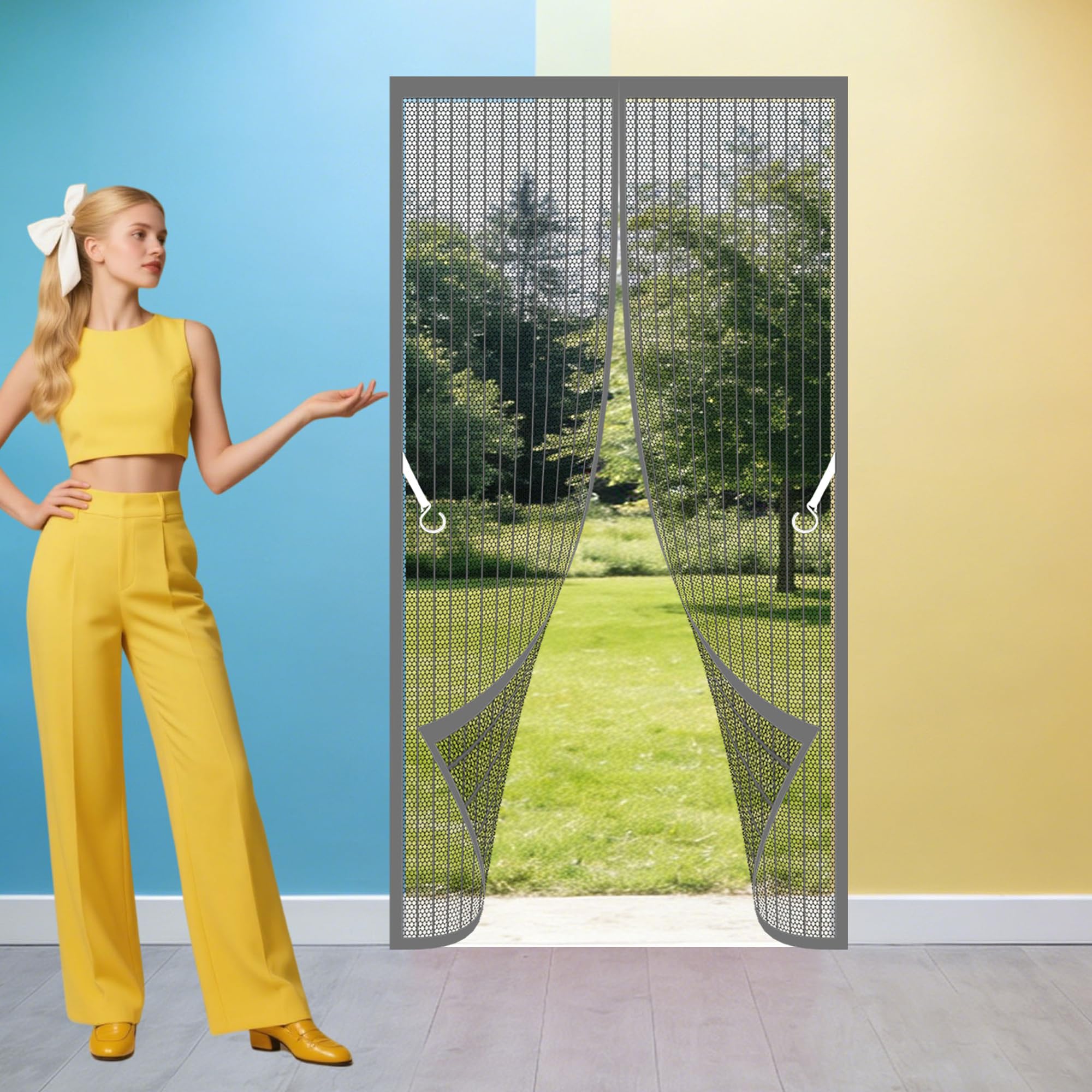 Door Fly Screen Curtain 93 x 212 cm Self Sealing, Hands Free Heavy Duty Bug Mesh Curtain Keeping Out Flies Bug for Living Room, Bedroom, Patio, Grey