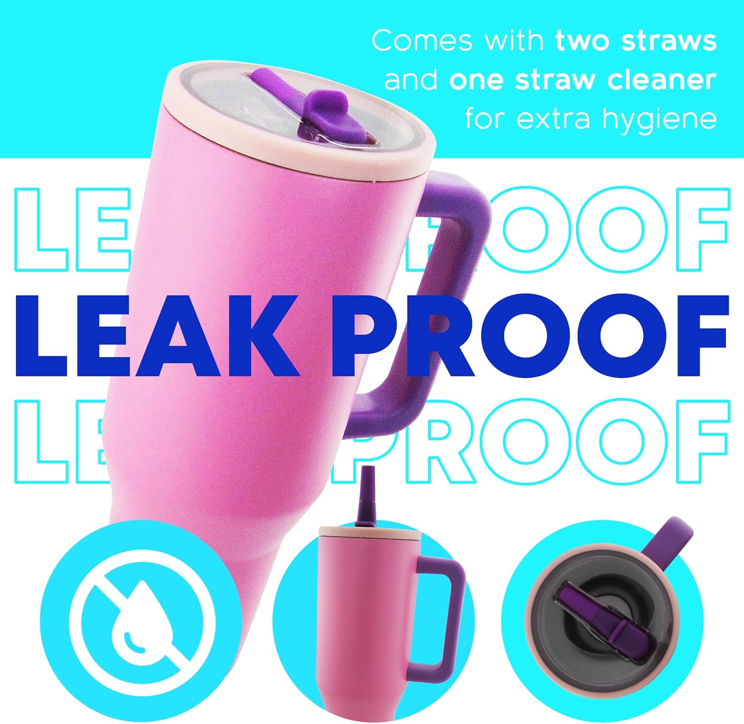 40 Oz Stainless Steel, Insulated Tumbler with Handle, Flip Straw, Rubber non-slip Base, Leak Proof, Car Cup Holder Friendly, Extra Straw and Cleaner. (Pink Sugar) - Image 6